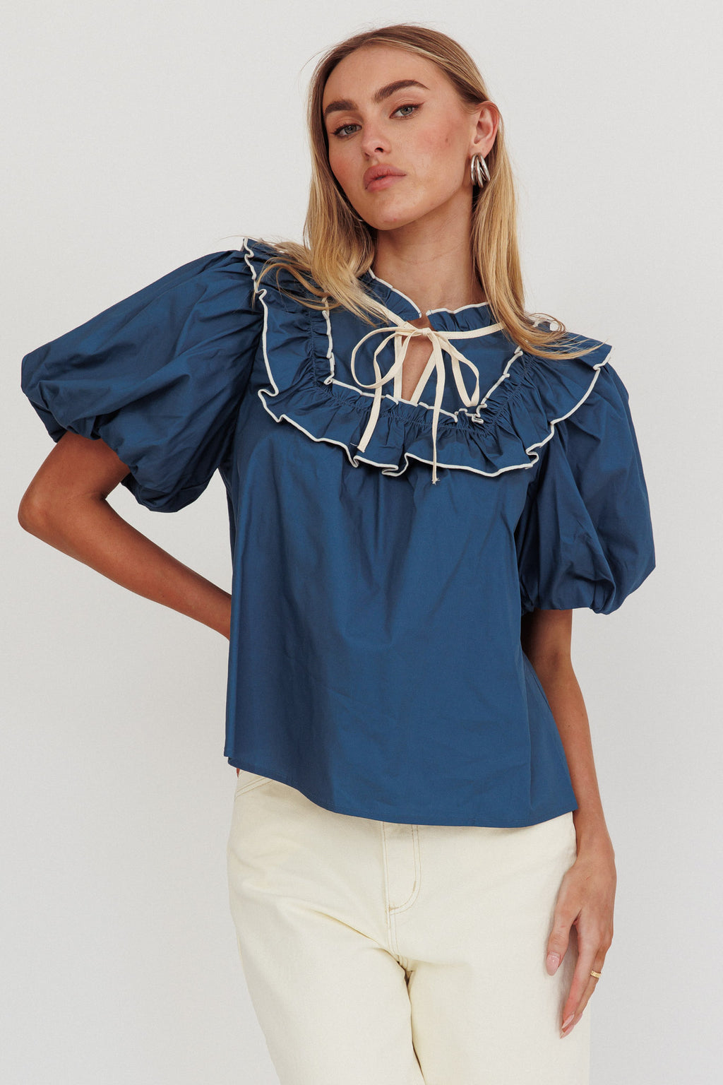 Remarkable Puff Sleeve Tied Neck Top Teal by Selfie Leslie