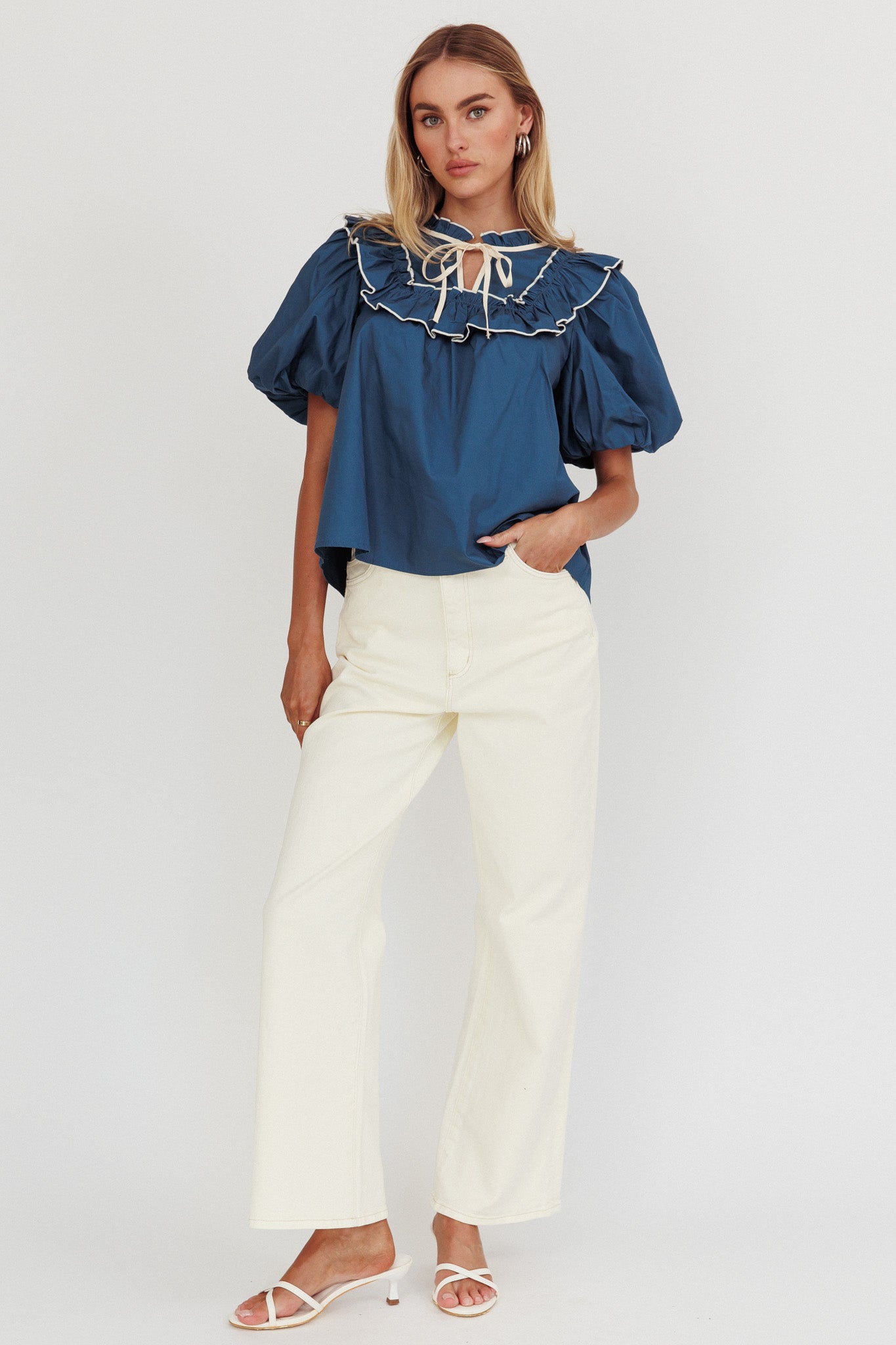 Remarkable Puff Sleeve Tied Neck Top Teal by Selfie Leslie