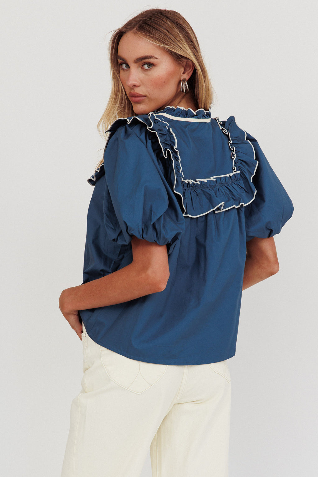 Remarkable Puff Sleeve Tied Neck Top Teal by Selfie Leslie