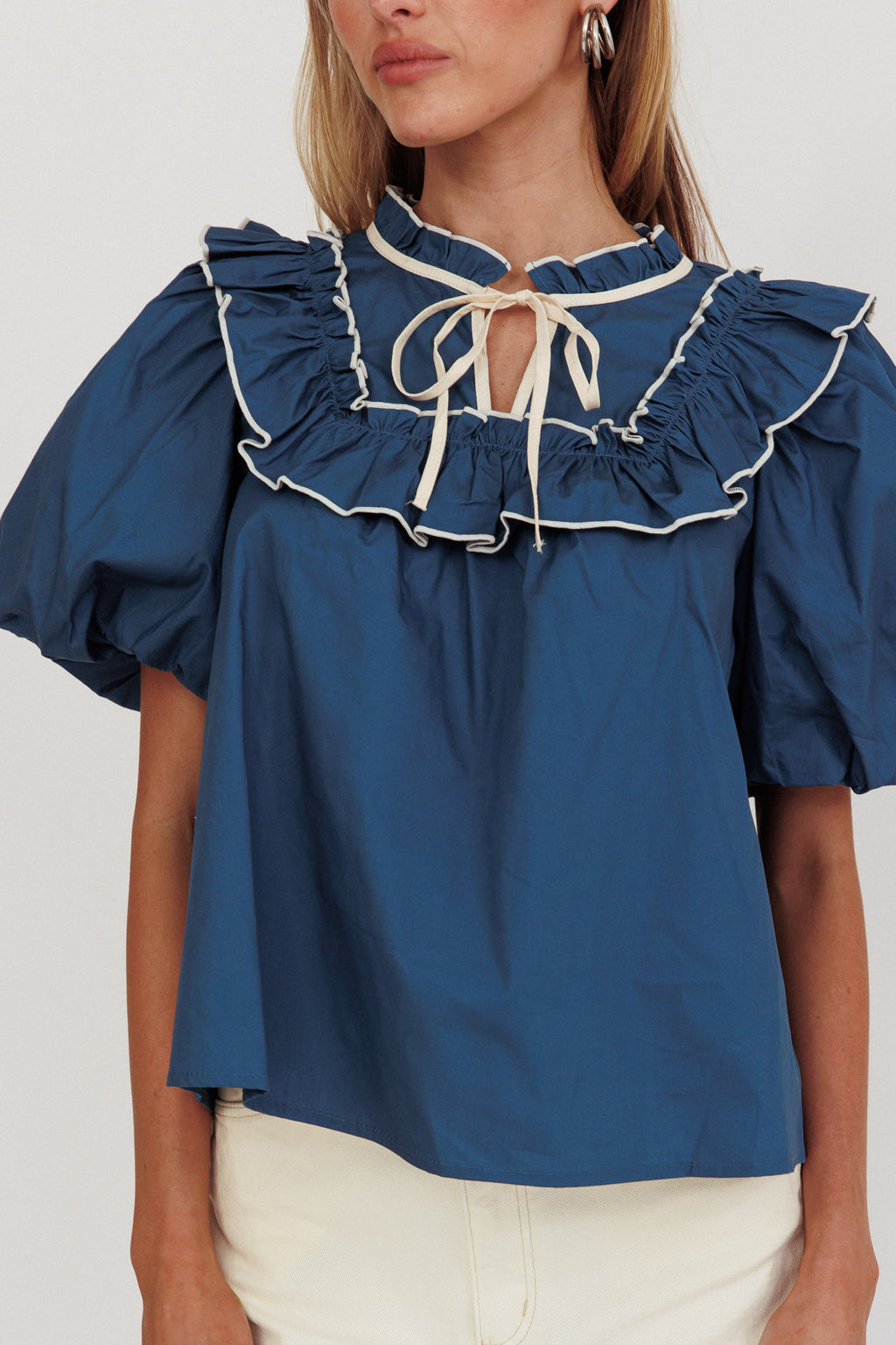 Remarkable Puff Sleeve Tied Neck Top Teal by Selfie Leslie