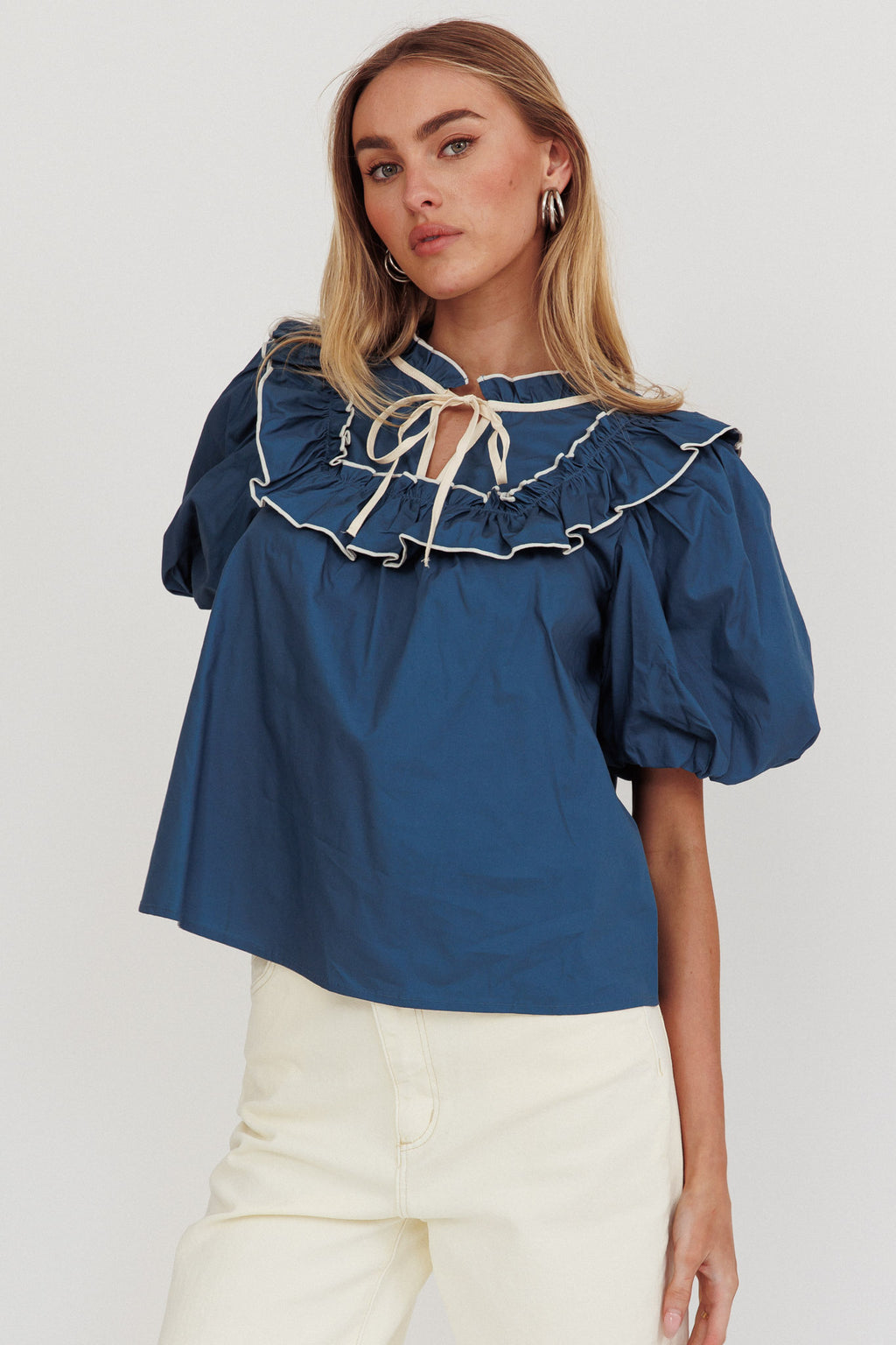 Remarkable Puff Sleeve Tied Neck Top Teal by Selfie Leslie