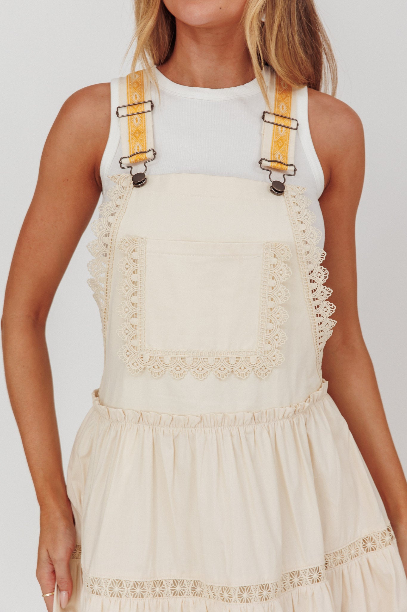 Odeyah Lace Trim Overall Dress Champagne by Selfie Leslie
