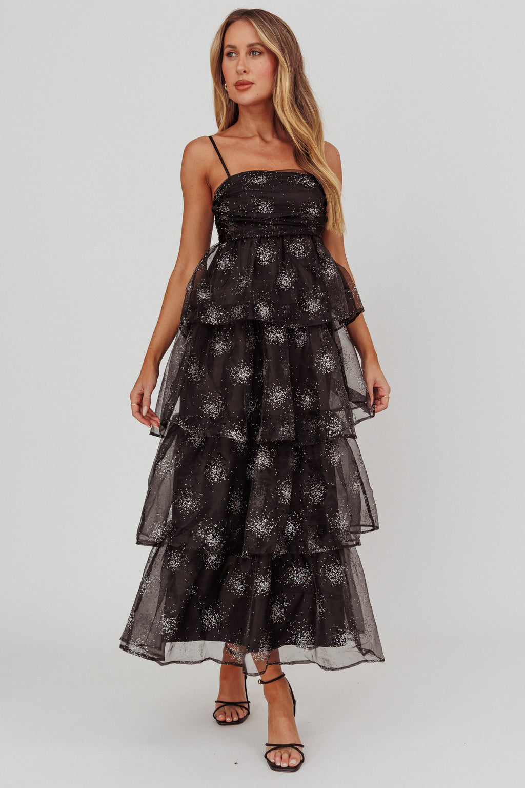 Morina Tiered Maxi Dress Glitter Black by Selfie Leslie