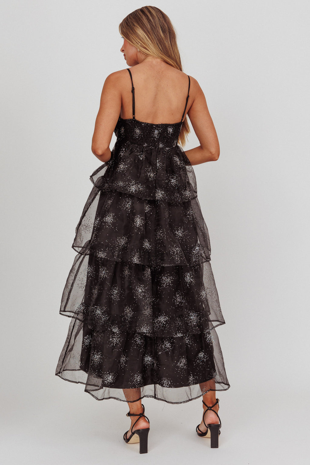 Morina Tiered Maxi Dress Glitter Black by Selfie Leslie