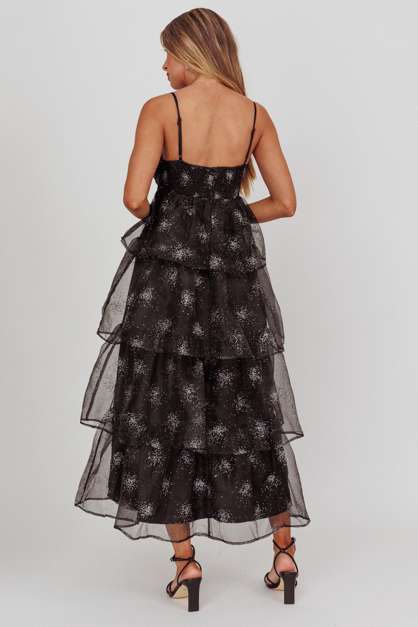 Morina Tiered Maxi Dress Glitter Black by Selfie Leslie