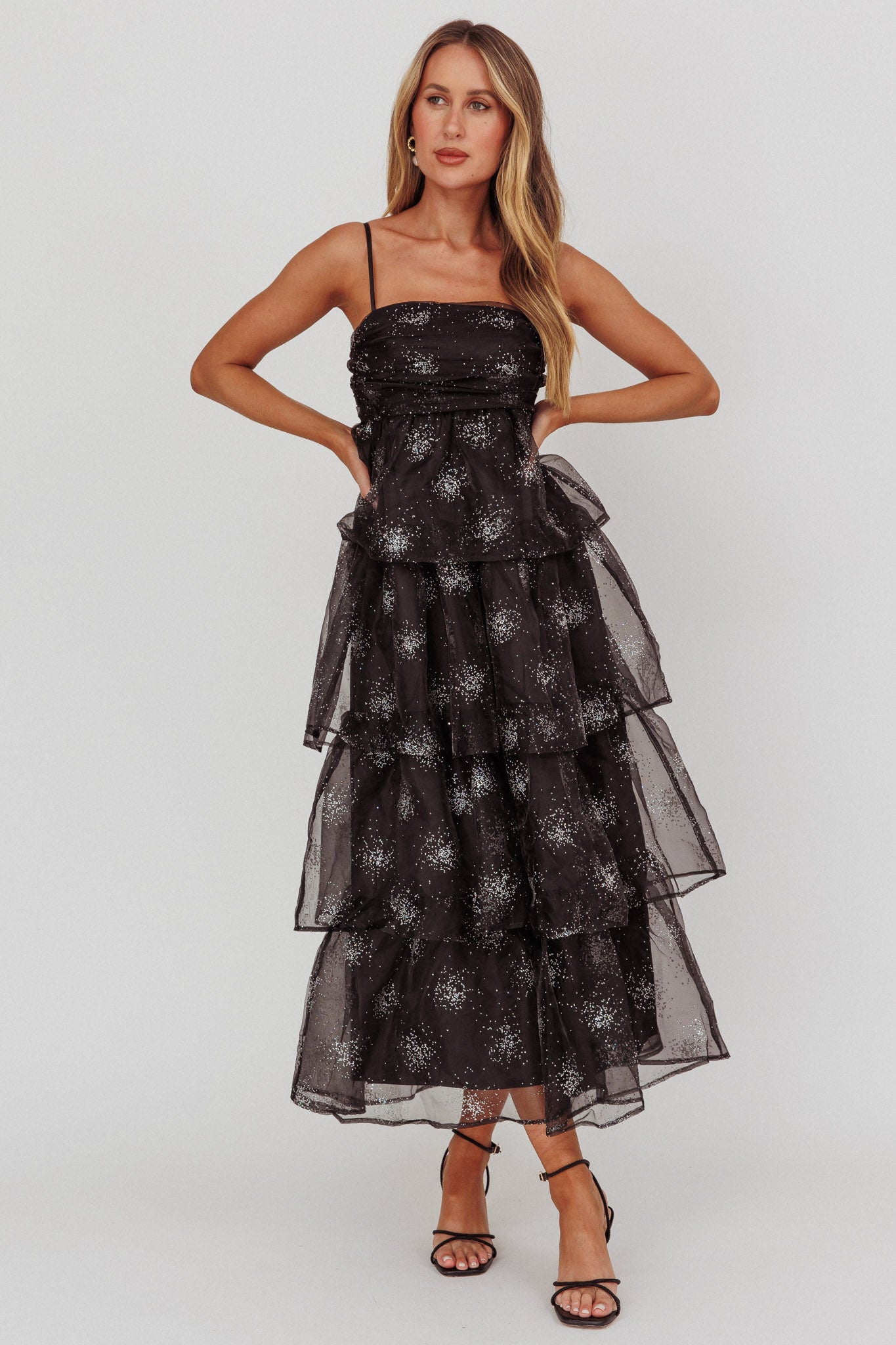 Morina Tiered Maxi Dress Glitter Black by Selfie Leslie