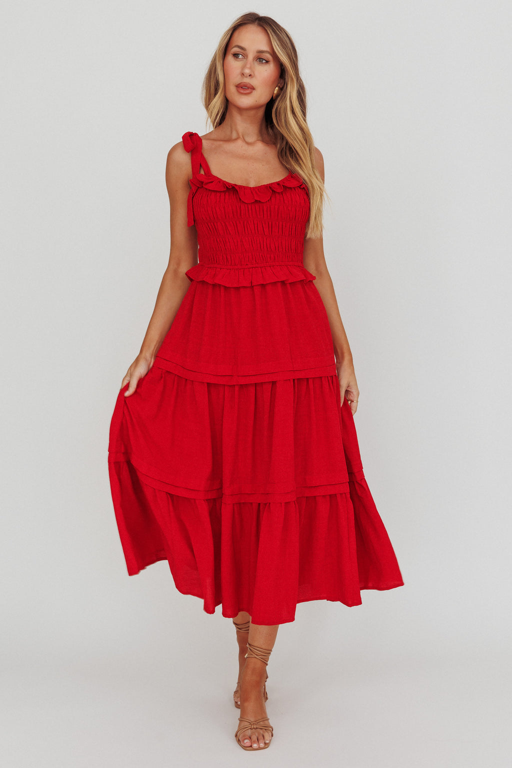Paprika Tied Shoulder Shirred Midi Dress Red by Selfie Leslie