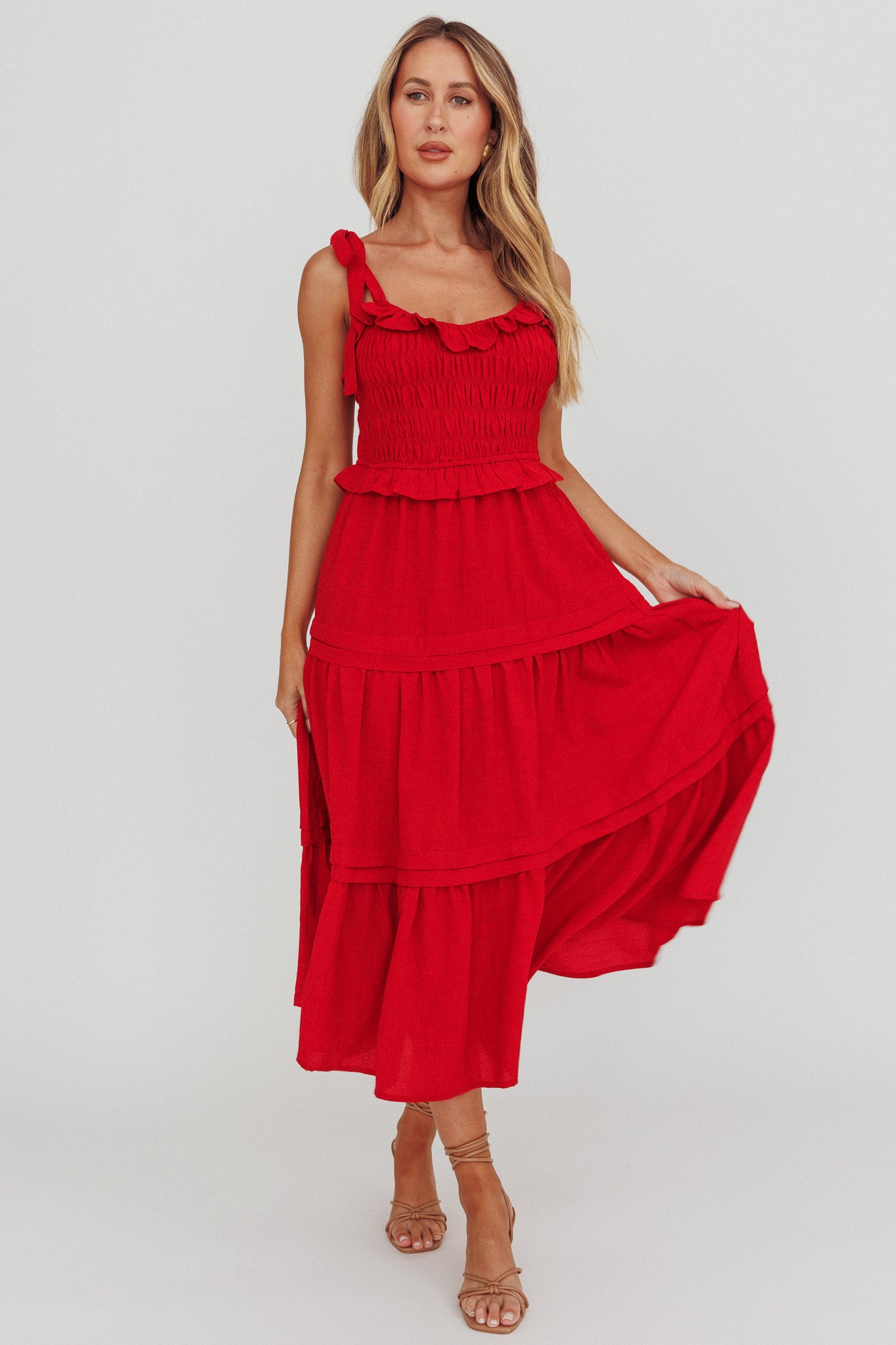 Paprika Tied Shoulder Shirred Midi Dress Red Paprika Tied Shoulder Shirred Midi Dress Red
