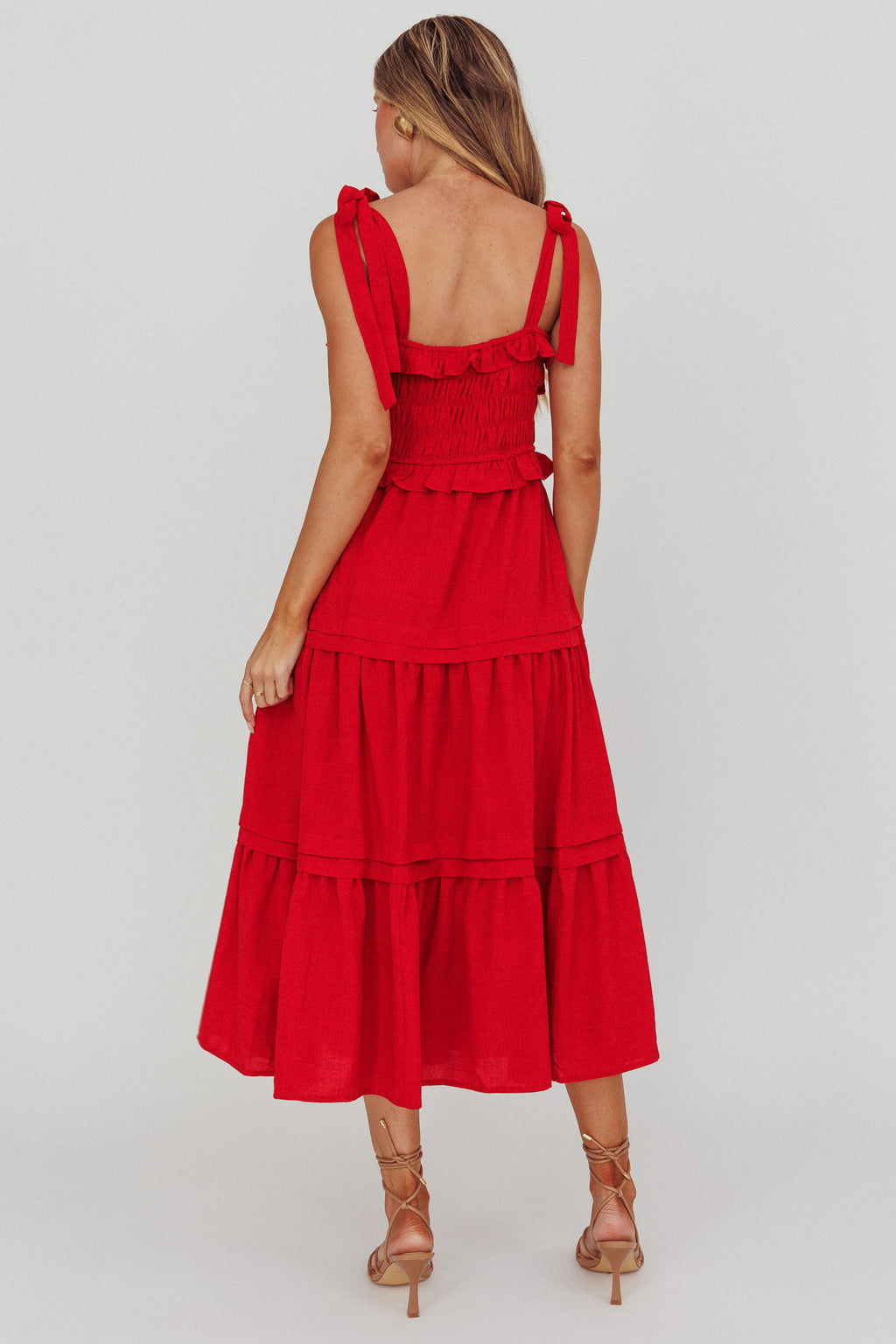 Paprika Tied Shoulder Shirred Midi Dress Red by Selfie Leslie