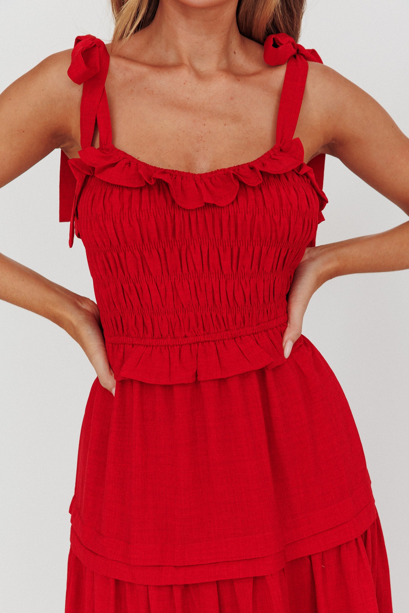 red shirred midi dress Paprika Tied Shoulder Shirred Midi Dress Red S