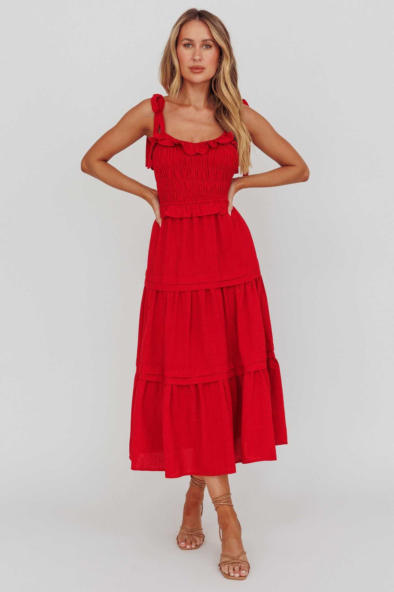 Paprika Tied Shoulder Shirred Midi Dress Red Paprika Tied Shoulder Shirred Midi Dress Red