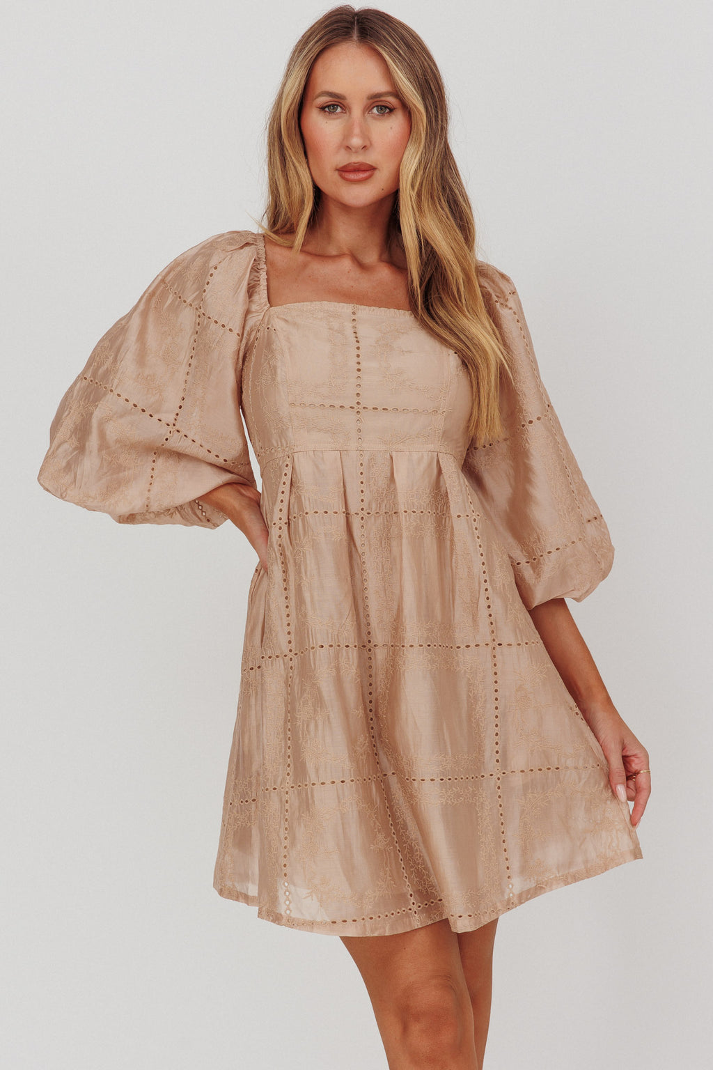 Summerlin Puff Sleeve Eyelet Mini Dress Beige by Selfie Leslie