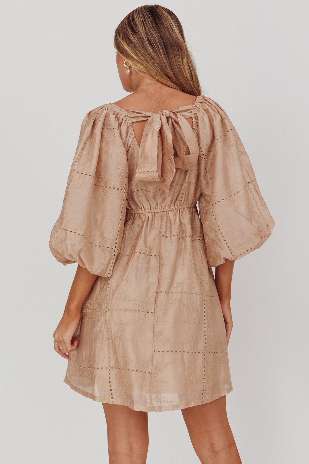 Summerlin Puff Sleeve Eyelet Mini Dress Beige by Selfie Leslie