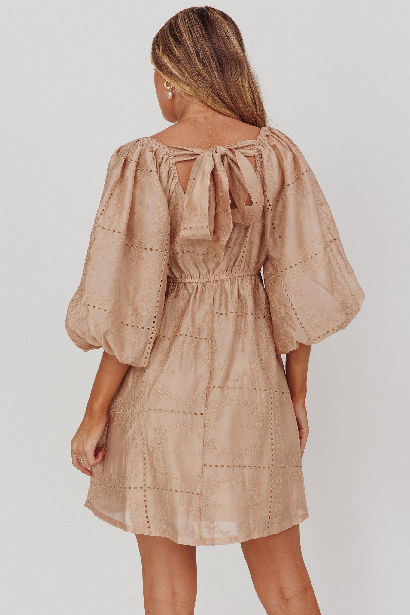 Summerlin Puff Sleeve Eyelet Mini Dress Beige by Selfie Leslie
