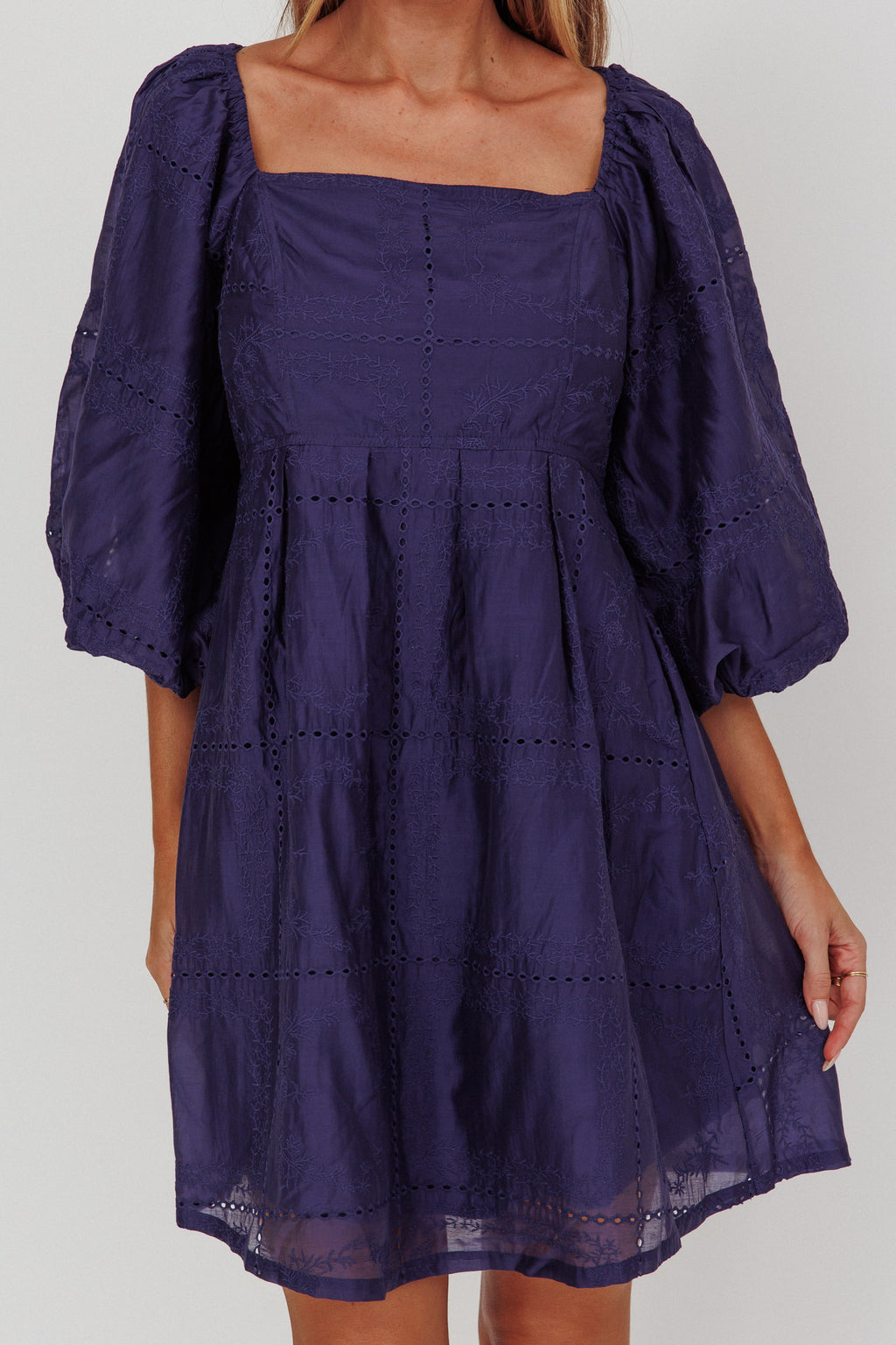 Summerlin Puff Sleeve Eyelet Mini Dress Navy by Selfie Leslie