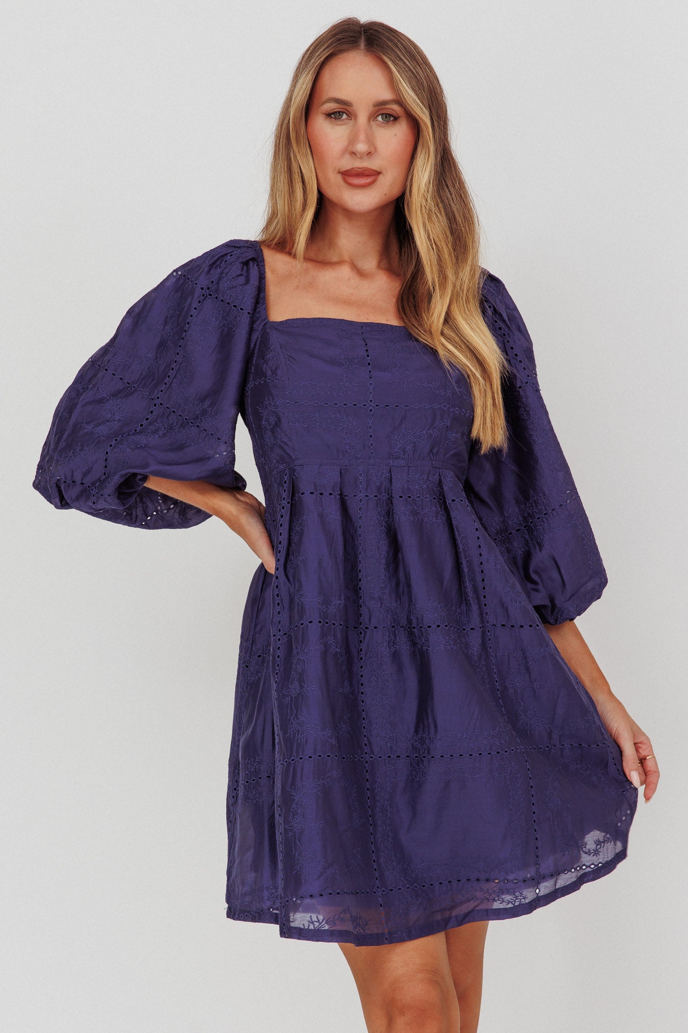 Summerlin Puff Sleeve Eyelet Mini Dress Navy | Selfie Leslie