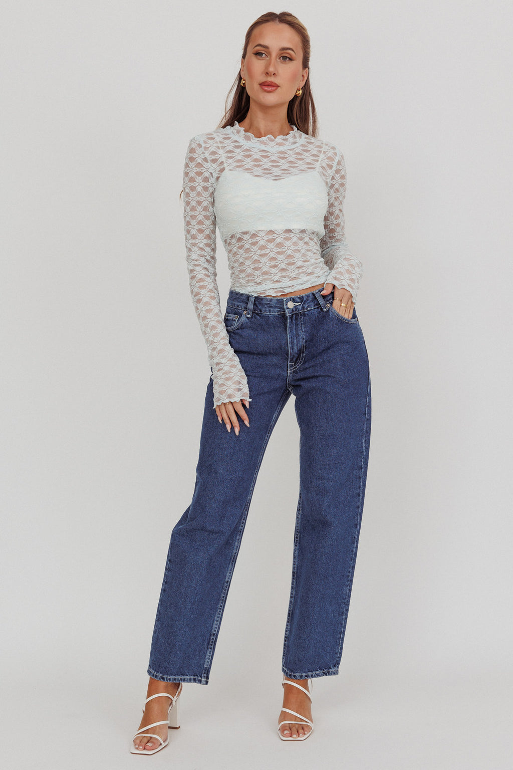 Not Shy Long Sleeve Lace Top Alice Blue by Selfie Leslie