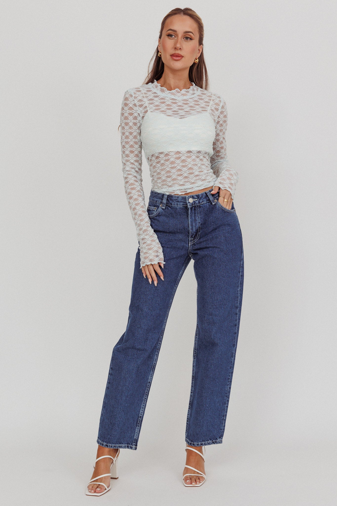 Not Shy Long Sleeve Lace Top Alice Blue by Selfie Leslie