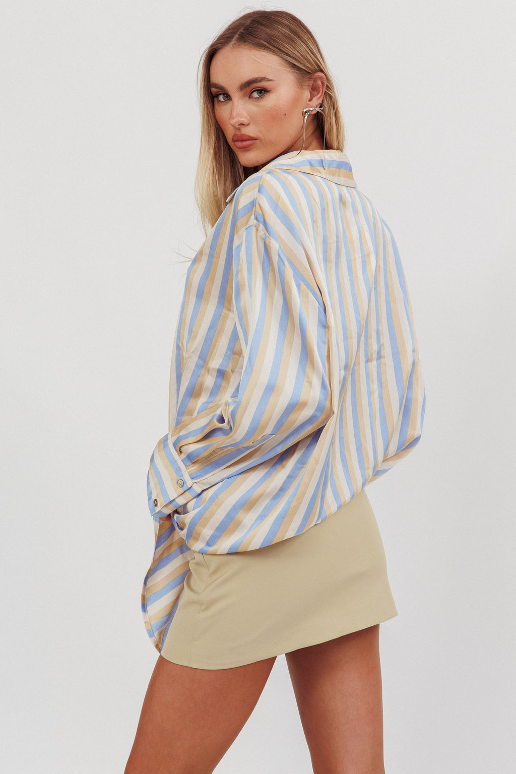 Like The Movies Striped Satin Shirt Light Blue by Selfie Leslie