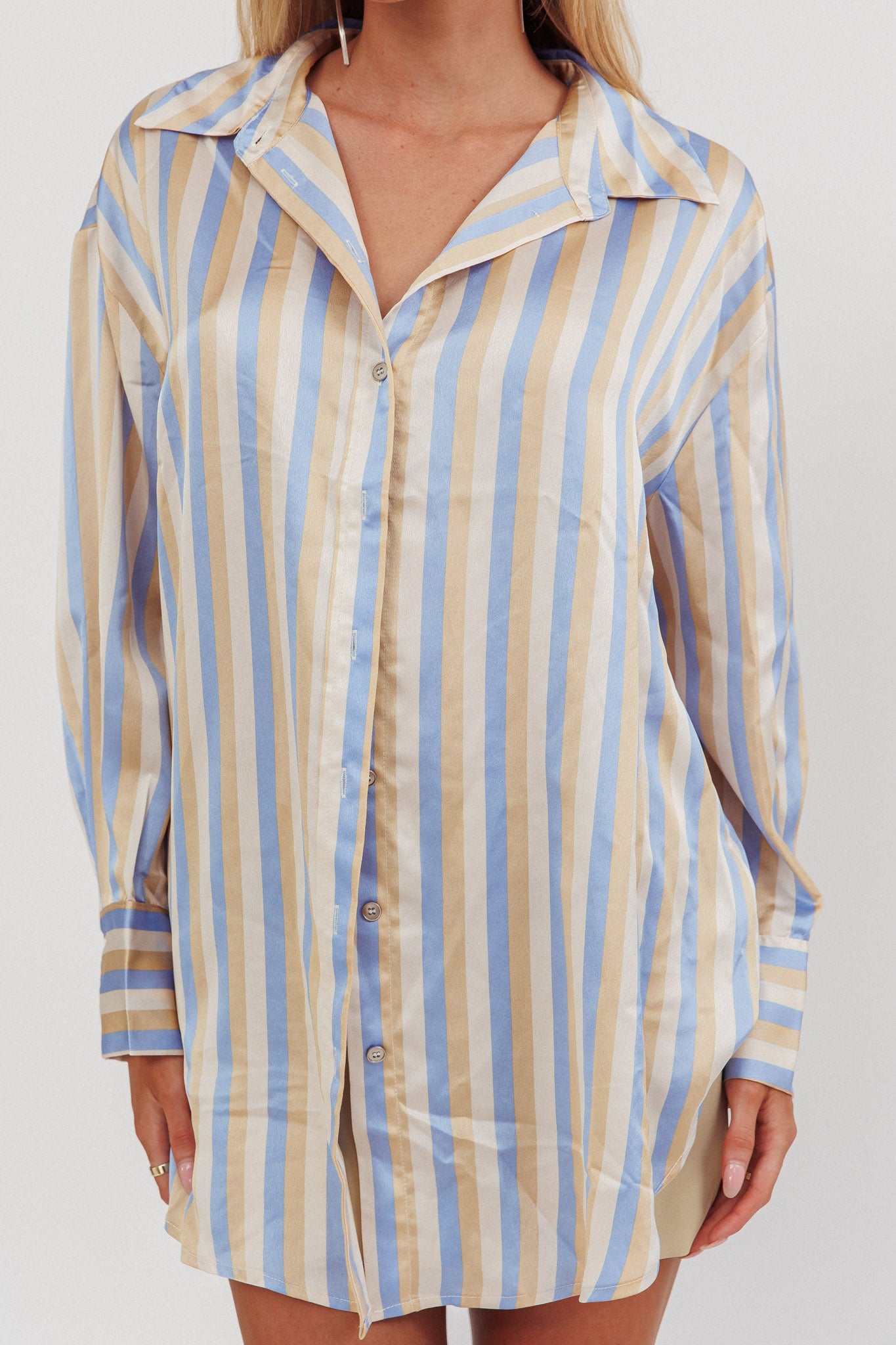 Like The Movies Striped Satin Shirt Light Blue by Selfie Leslie