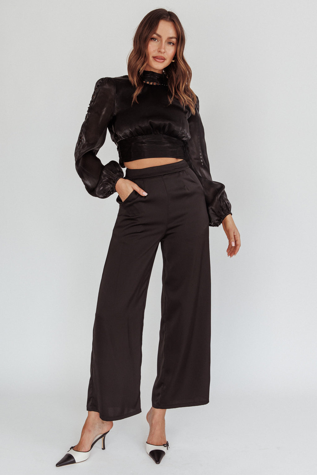 Caia Pearl Detail Open Back Top Black by Selfie Leslie