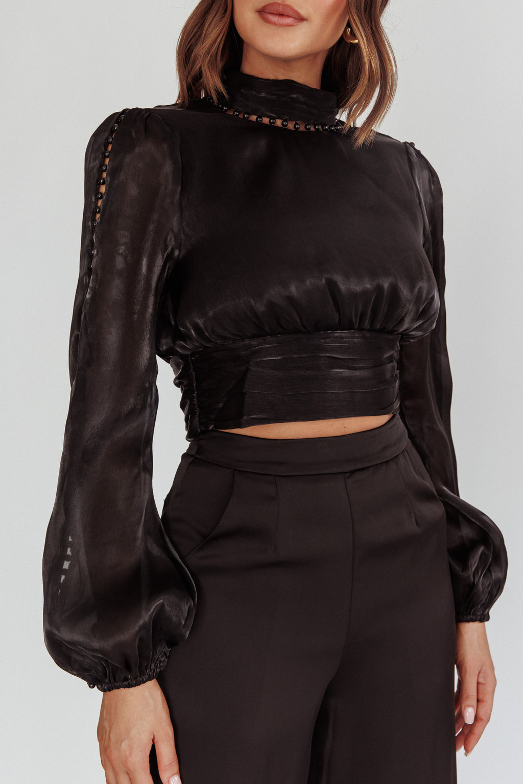 Caia Pearl Detail Open Back Top Black by Selfie Leslie