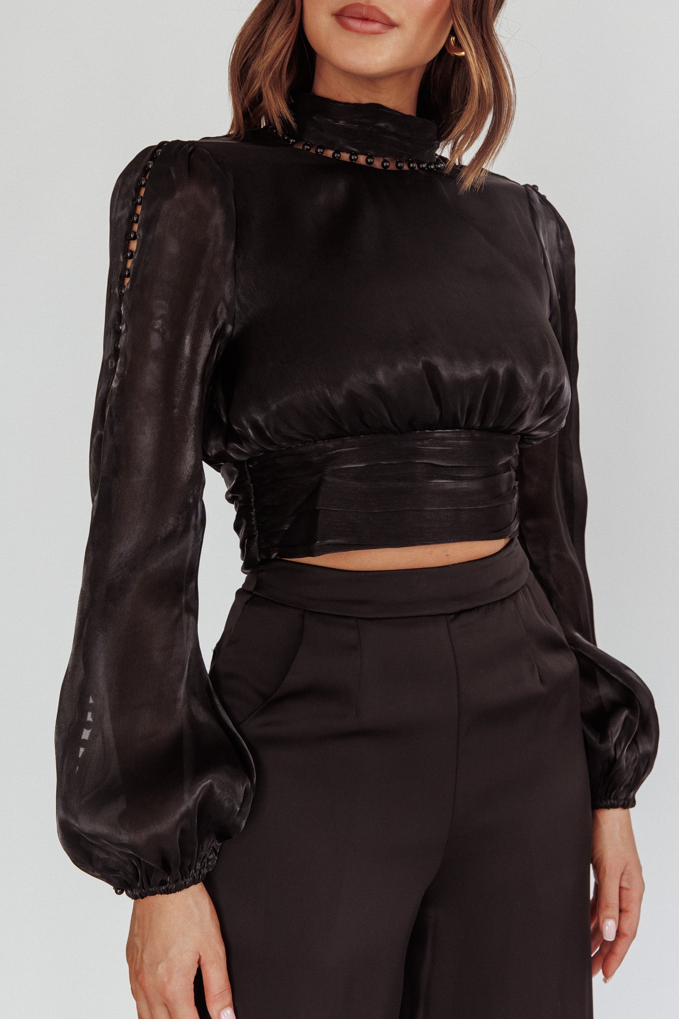 Caia Pearl Detail Open Back Top Black by Selfie Leslie