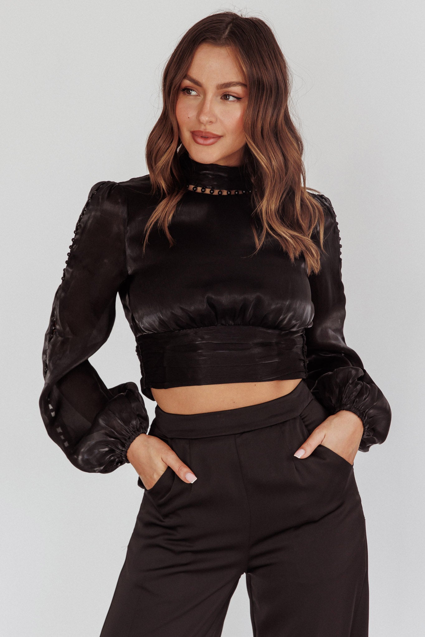 Caia Pearl Detail Open Back Top Black by Selfie Leslie