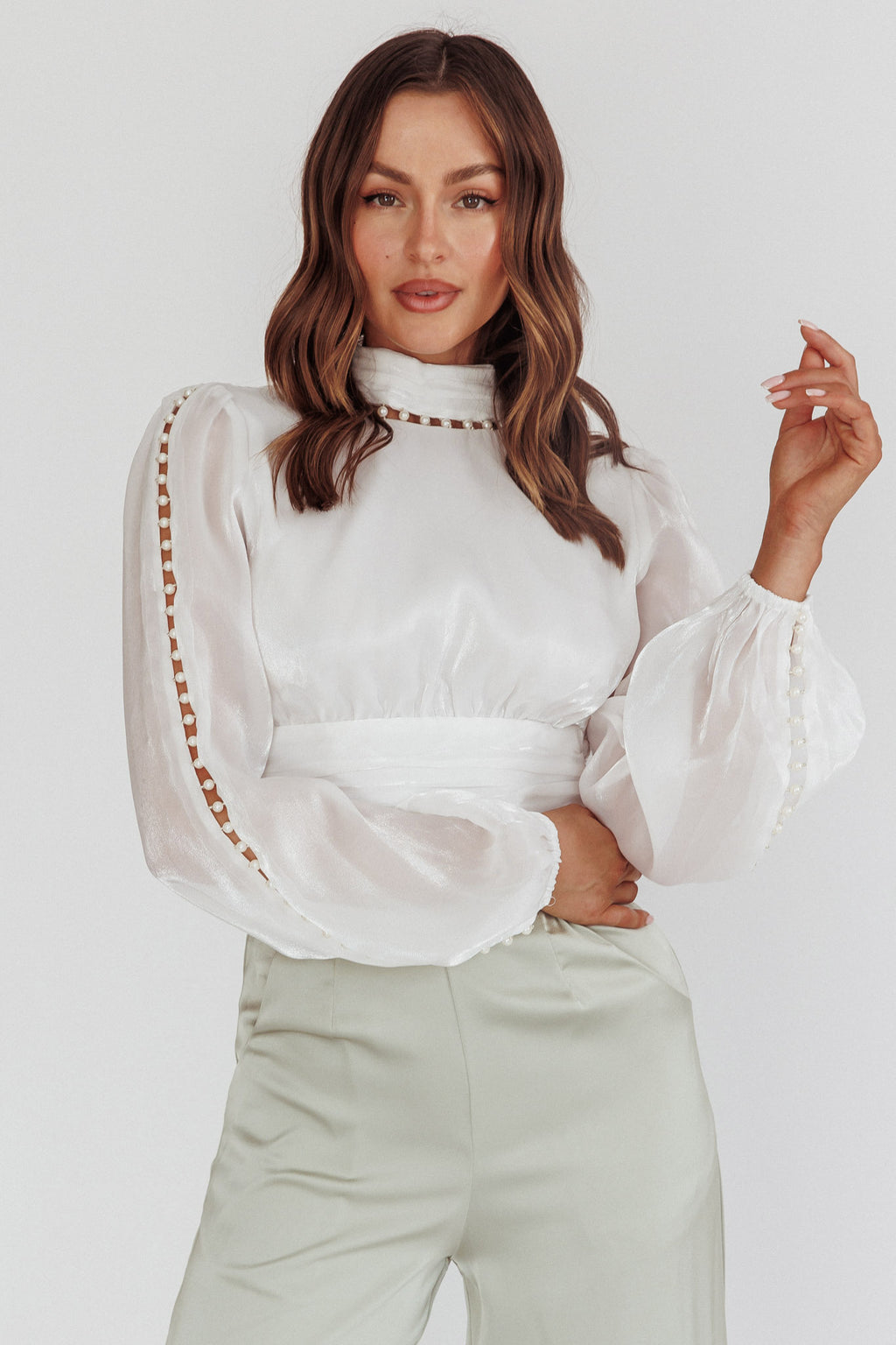Caia Pearl Detail Open Back Top White by Selfie Leslie