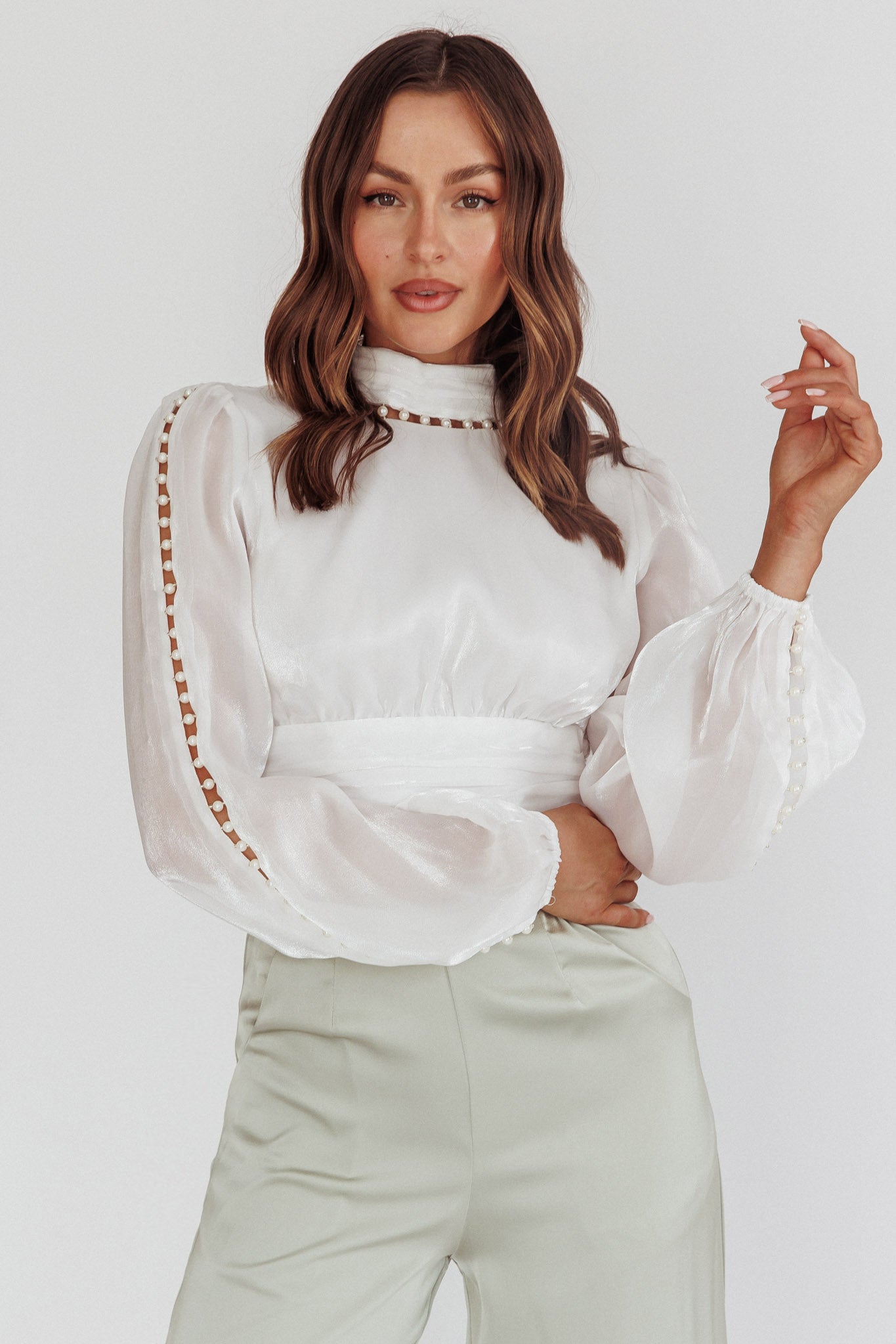 Caia Pearl Detail Open Back Top White by Selfie Leslie