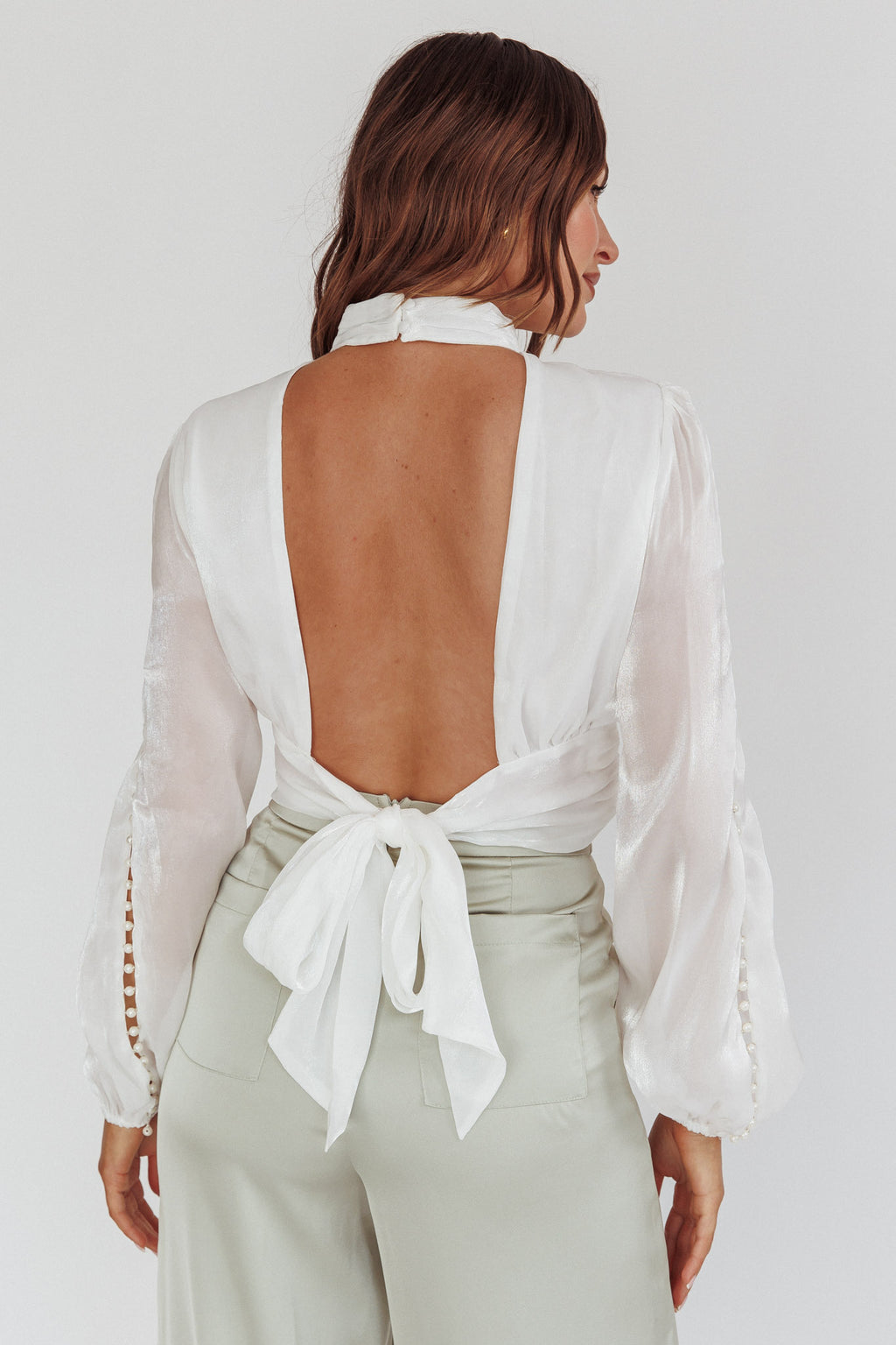 Caia Pearl Detail Open Back Top White by Selfie Leslie