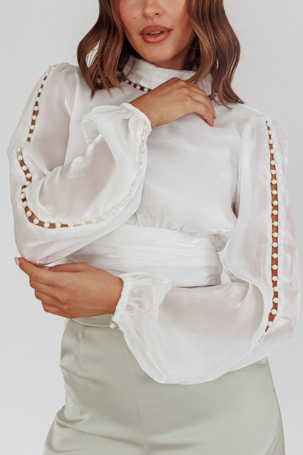 Caia Pearl Detail Open Back Top White by Selfie Leslie