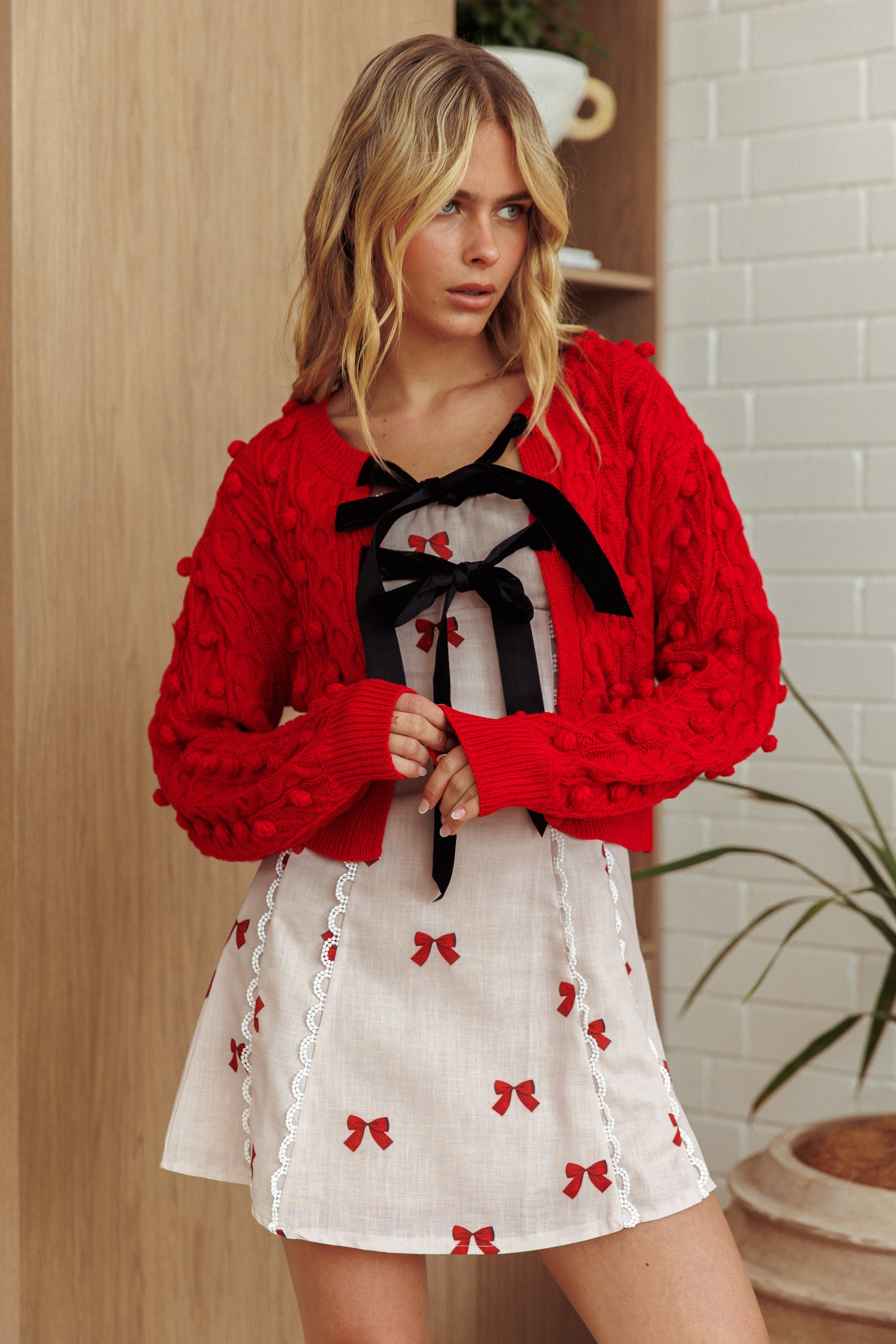 Tera Velvet Bow Cardigan Red by Selfie Leslie