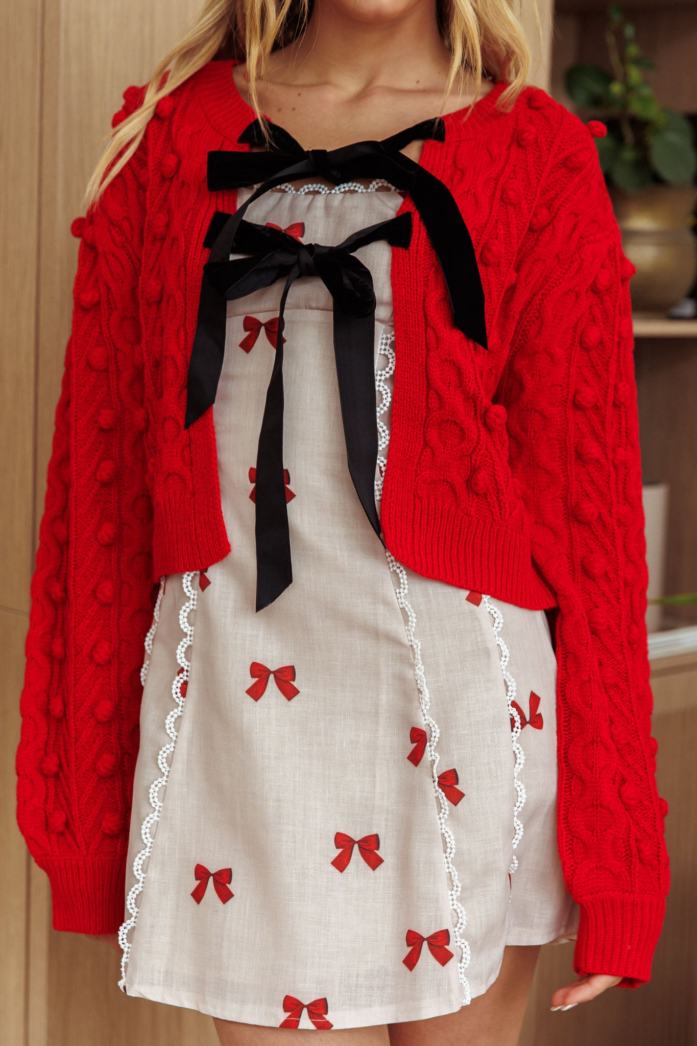 Tera Velvet Bow Cardigan Red by Selfie Leslie