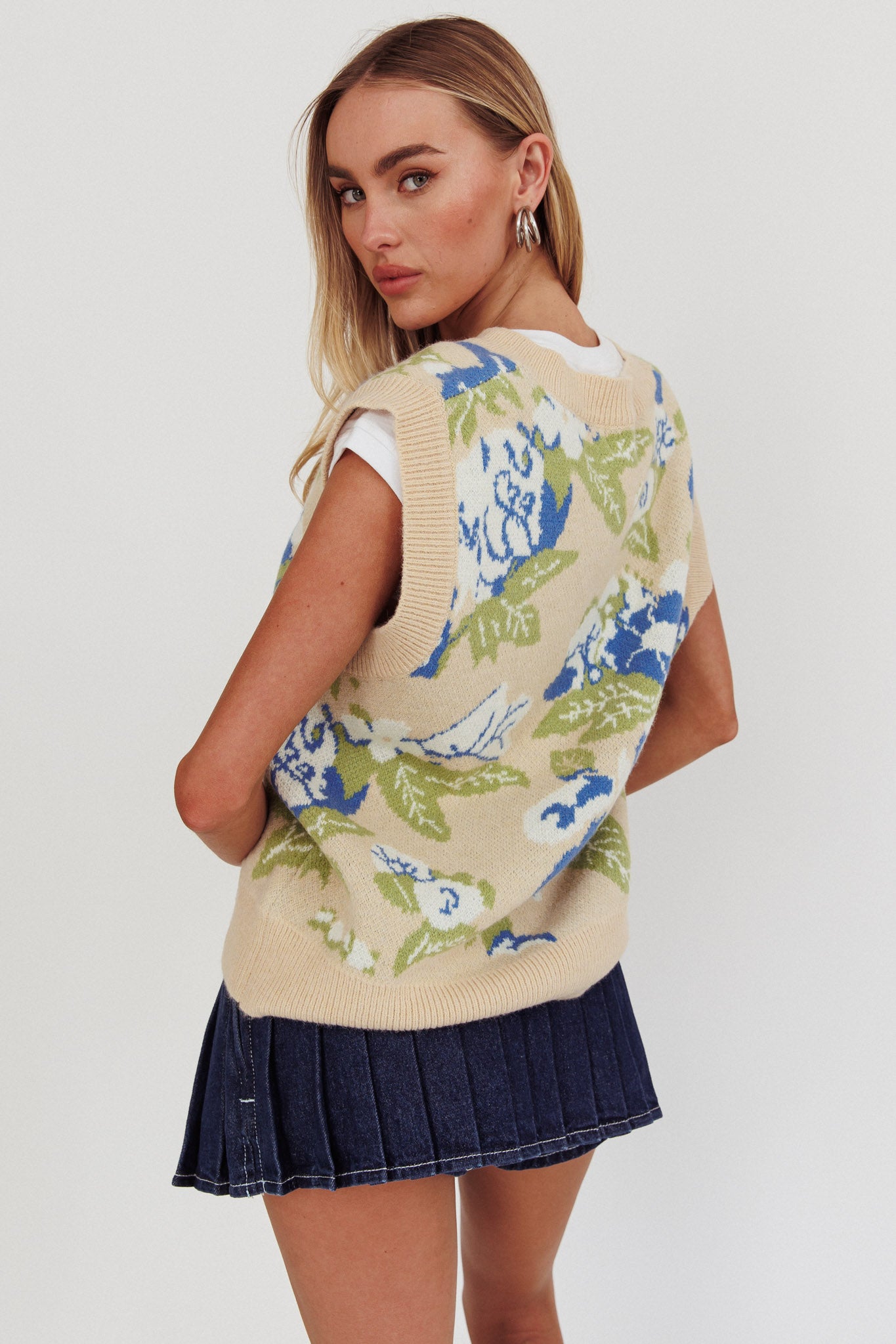 Crushing On You Sleeveless Floral Sweater Vest Taupe by Selfie Leslie
