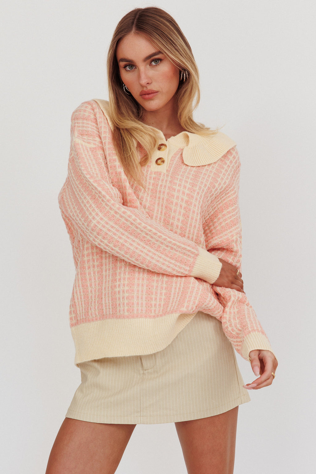 Rewrite Quarter Button Knit Sweater Coral by Selfie Leslie
