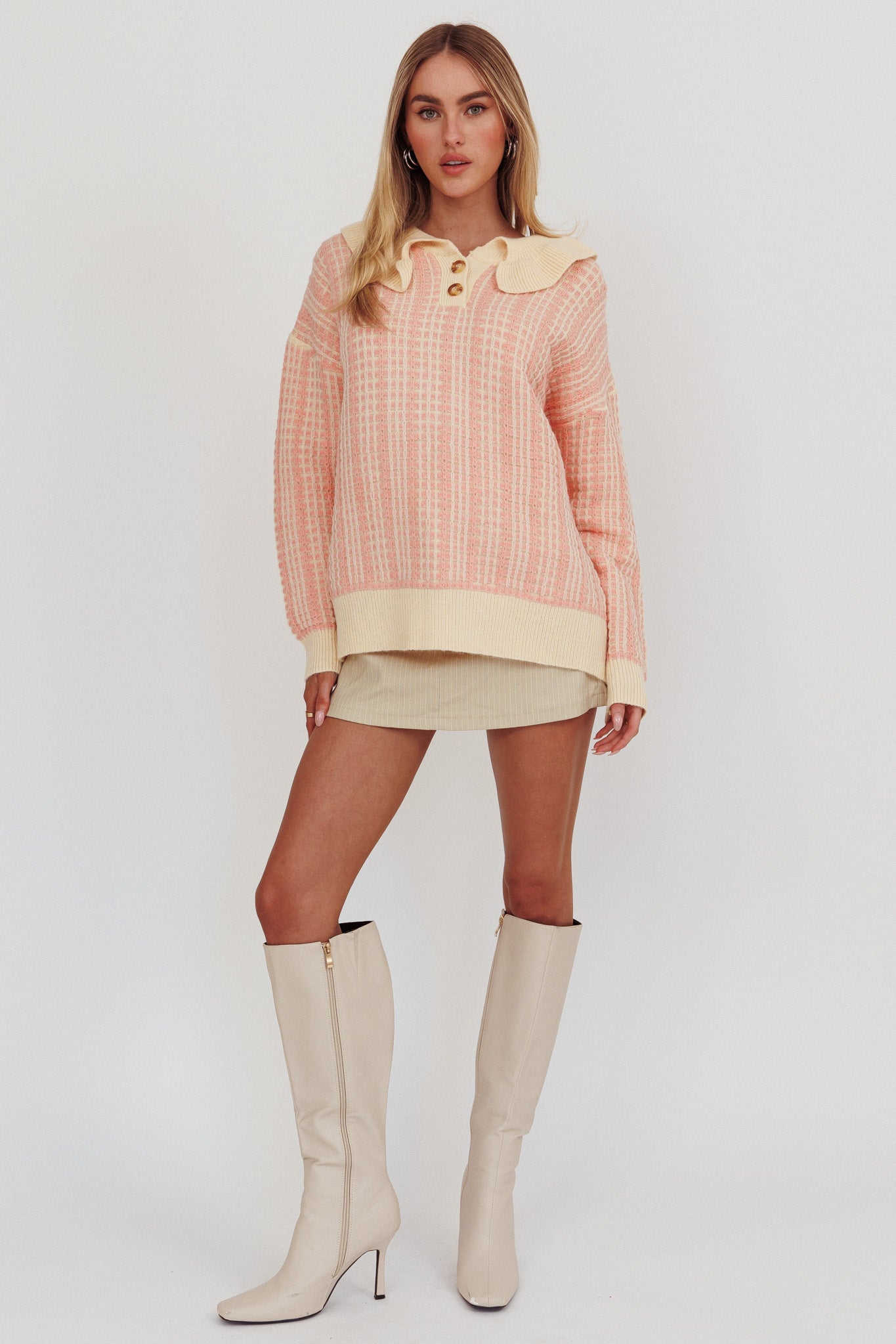 Rewrite Quarter Button Knit Sweater Coral by Selfie Leslie
