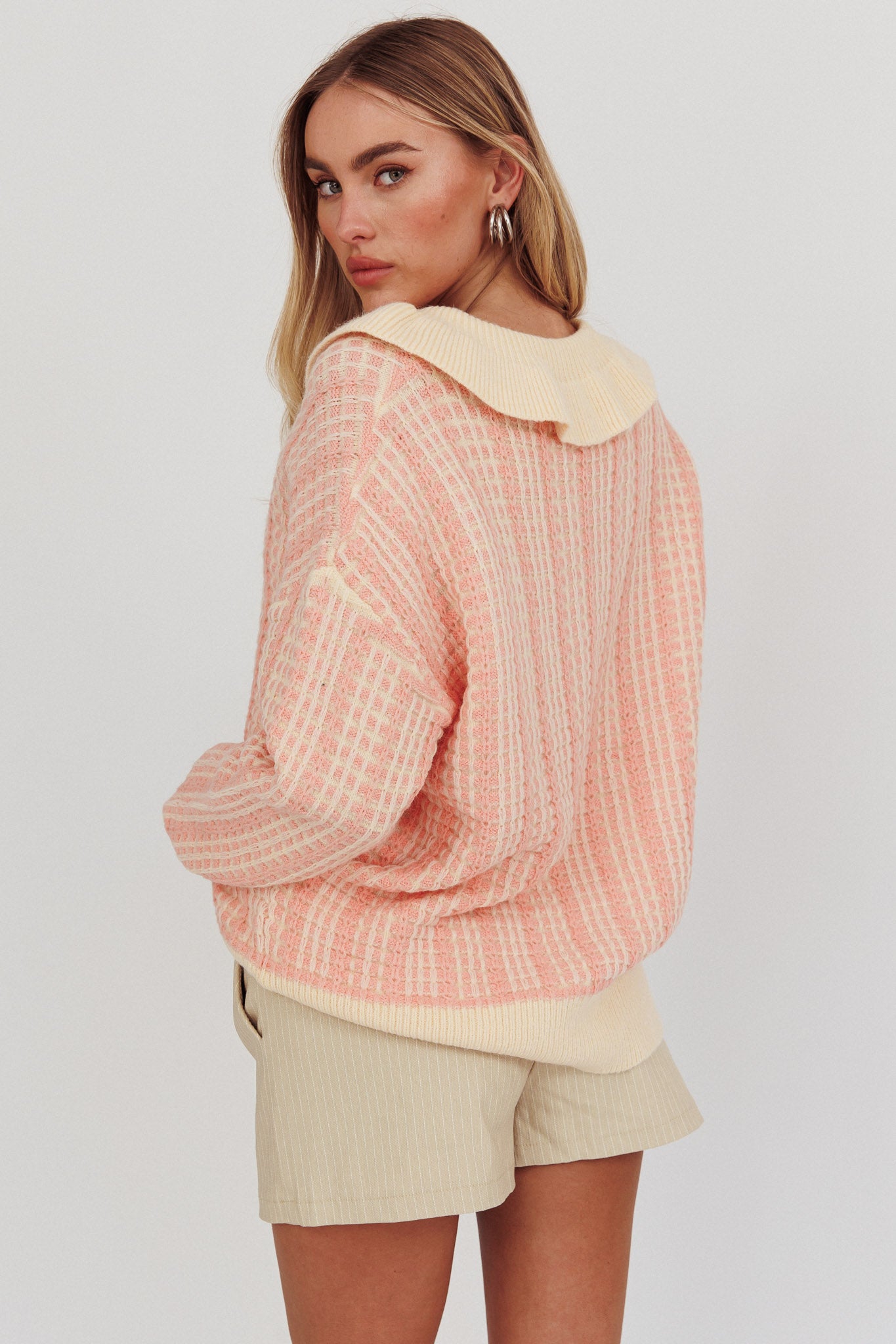 Rewrite Quarter Button Knit Sweater Coral– Selfie Leslie