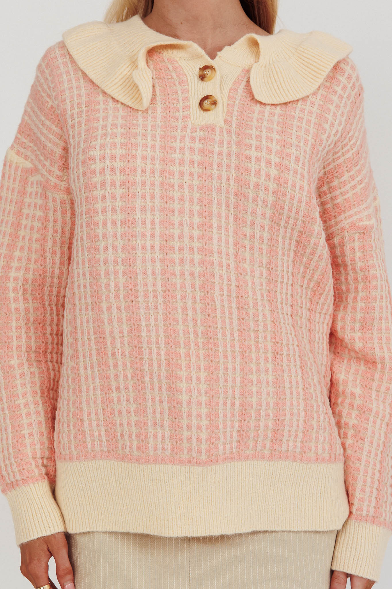 Rewrite Quarter Button Knit Sweater Coral | Selfie Leslie