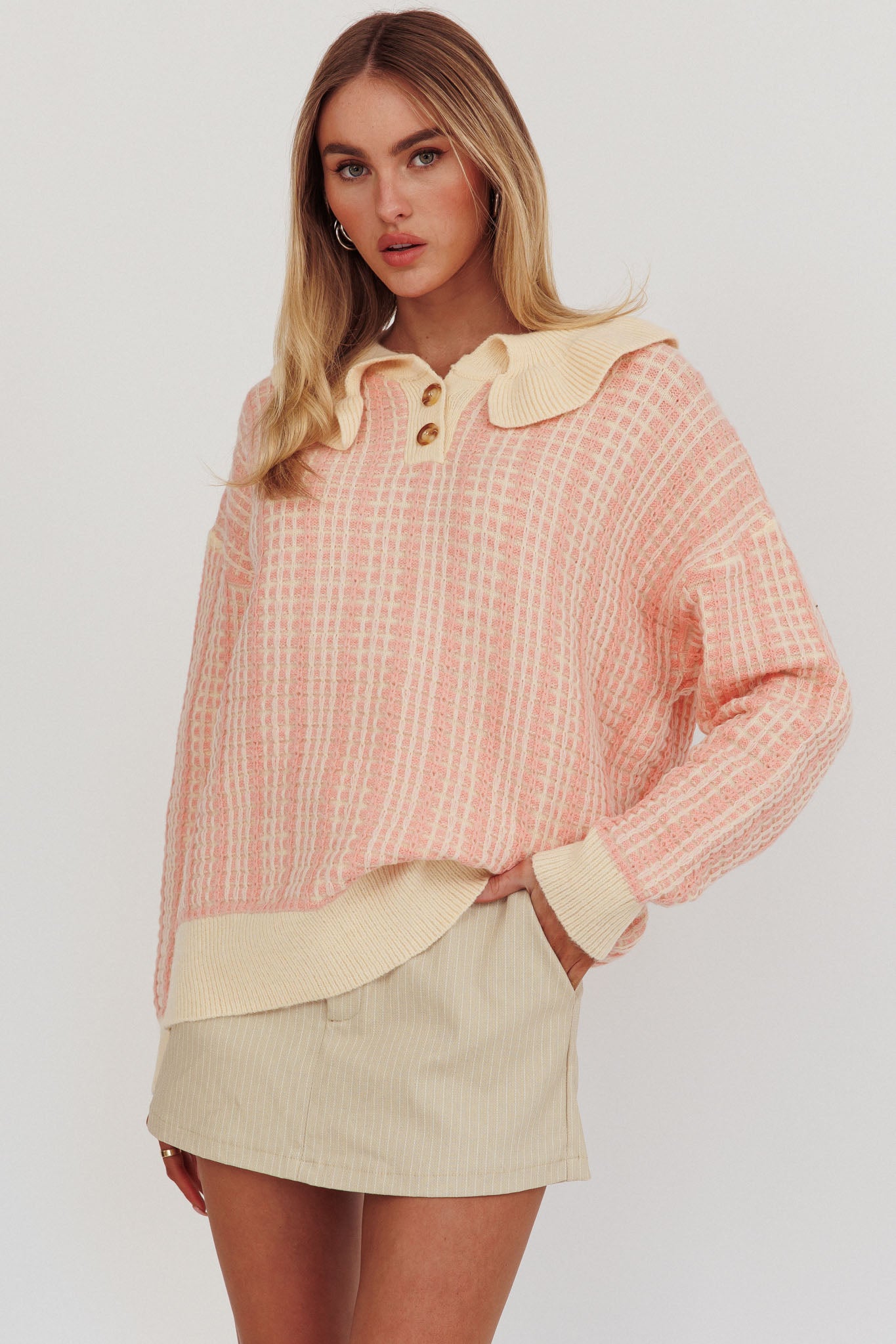 Rewrite Quarter Button Knit Sweater Coral by Selfie Leslie