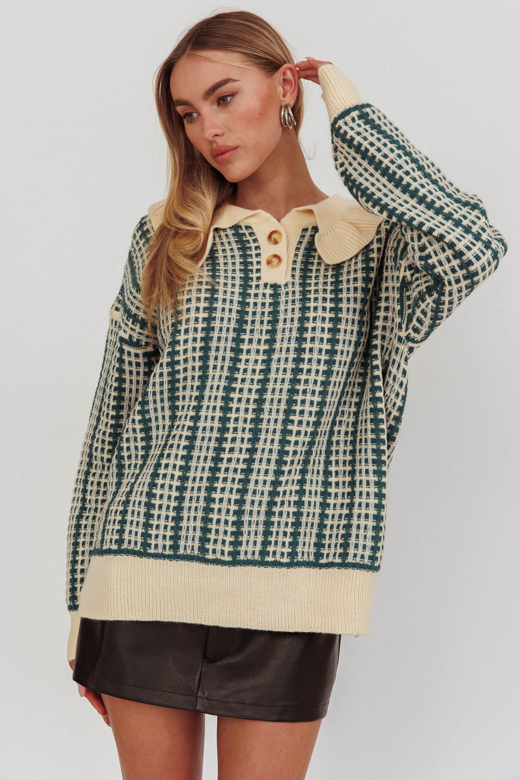 Rewrite Quarter Button Knit Sweater Emerald by Selfie Leslie