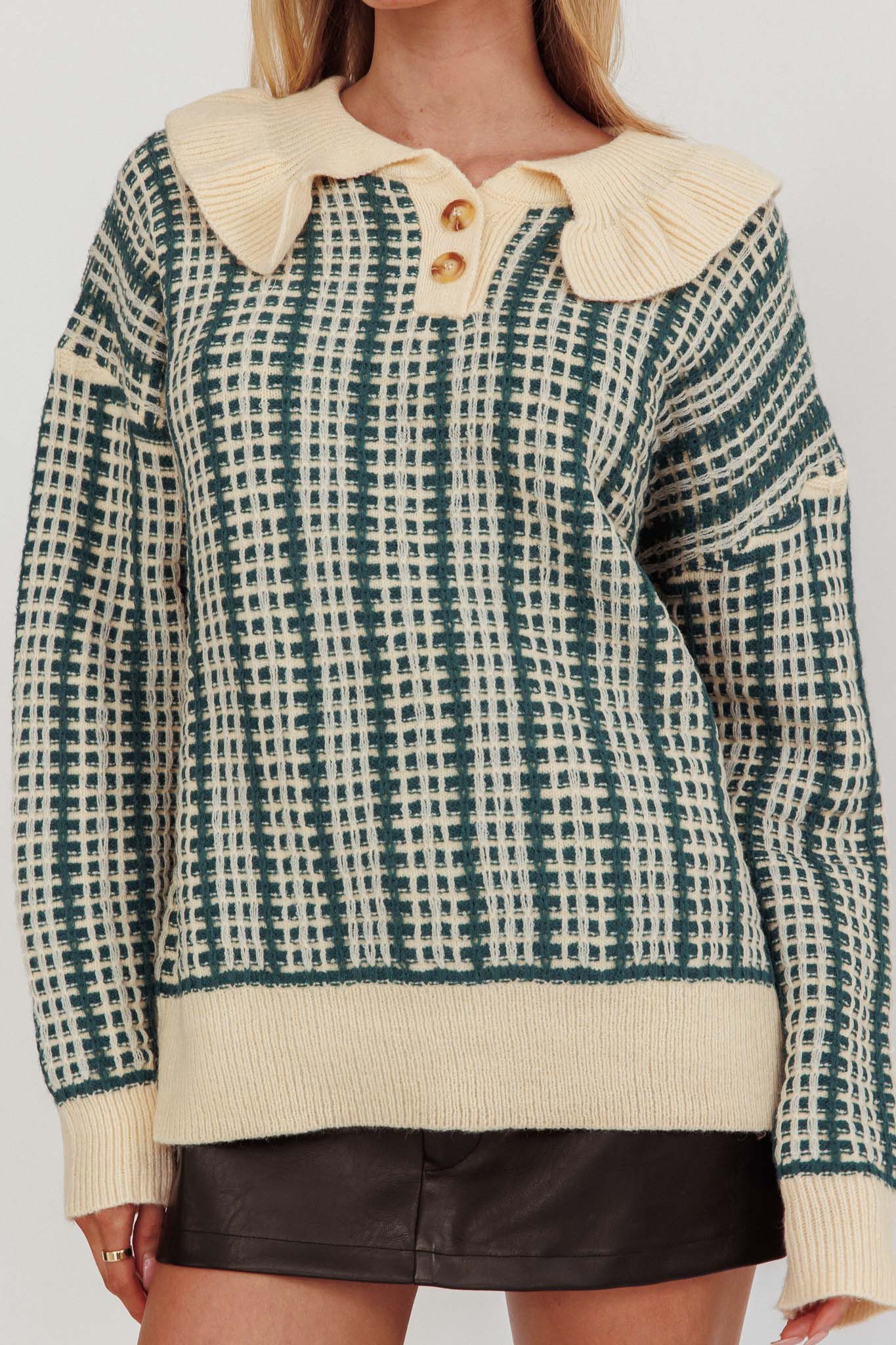 Rewrite Quarter Button Knit Sweater Emerald by Selfie Leslie