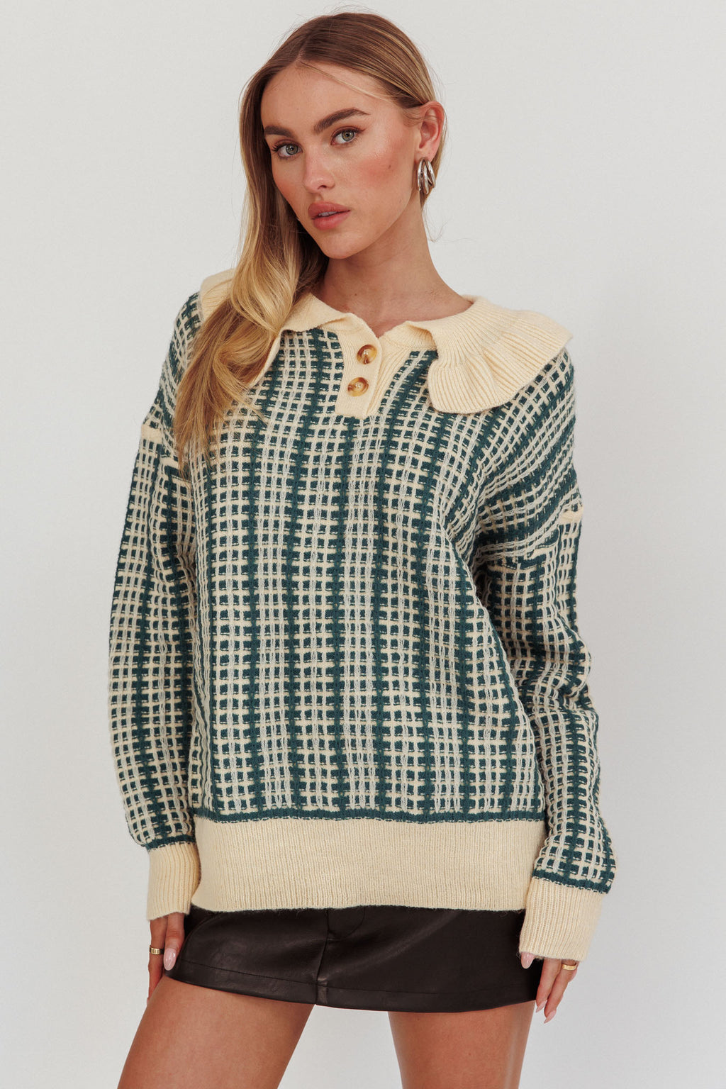 Rewrite Quarter Button Knit Sweater Emerald by Selfie Leslie