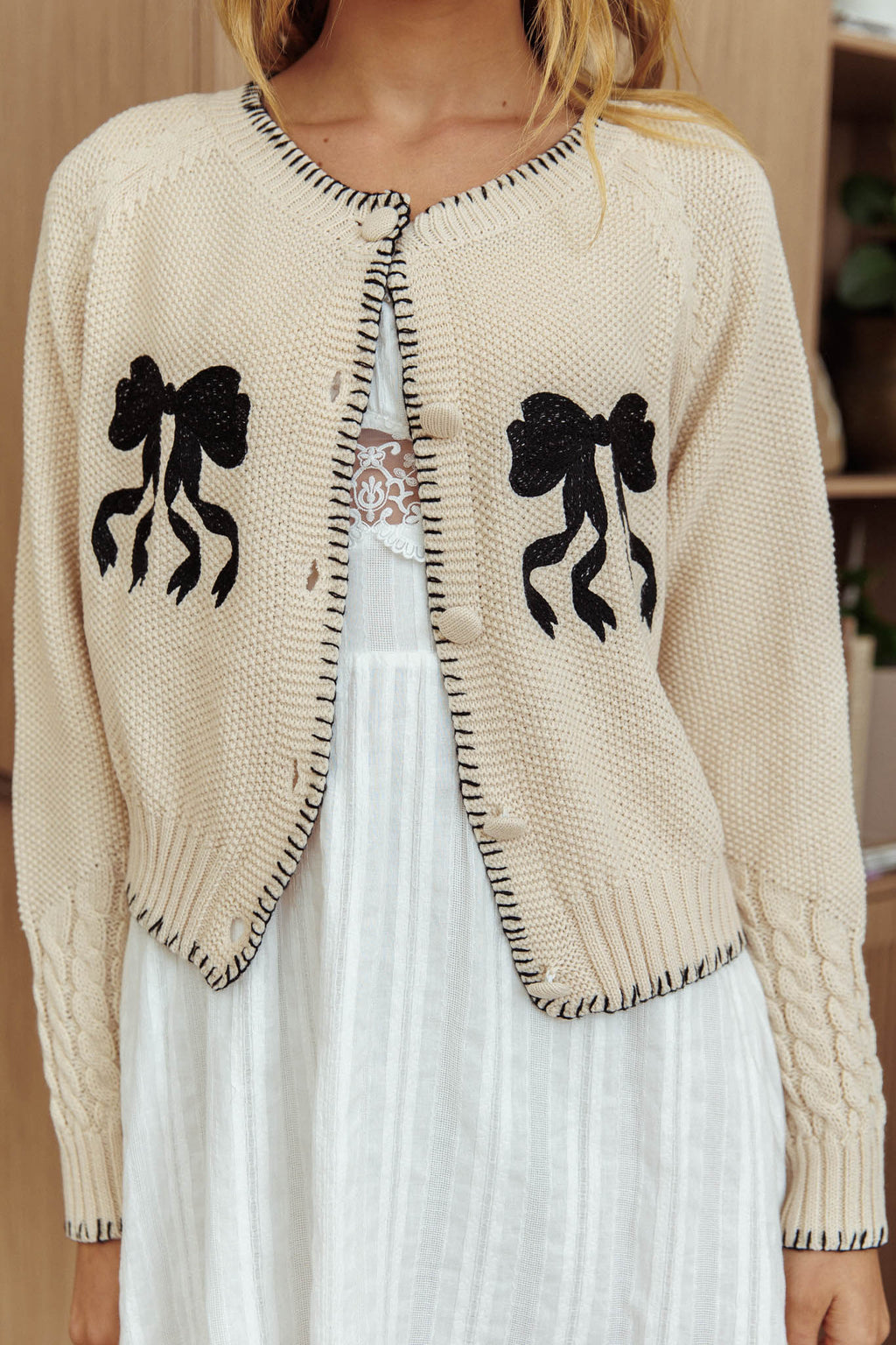Early Snow Blanket Stitch Bow Cardigan Ecru by Selfie Leslie