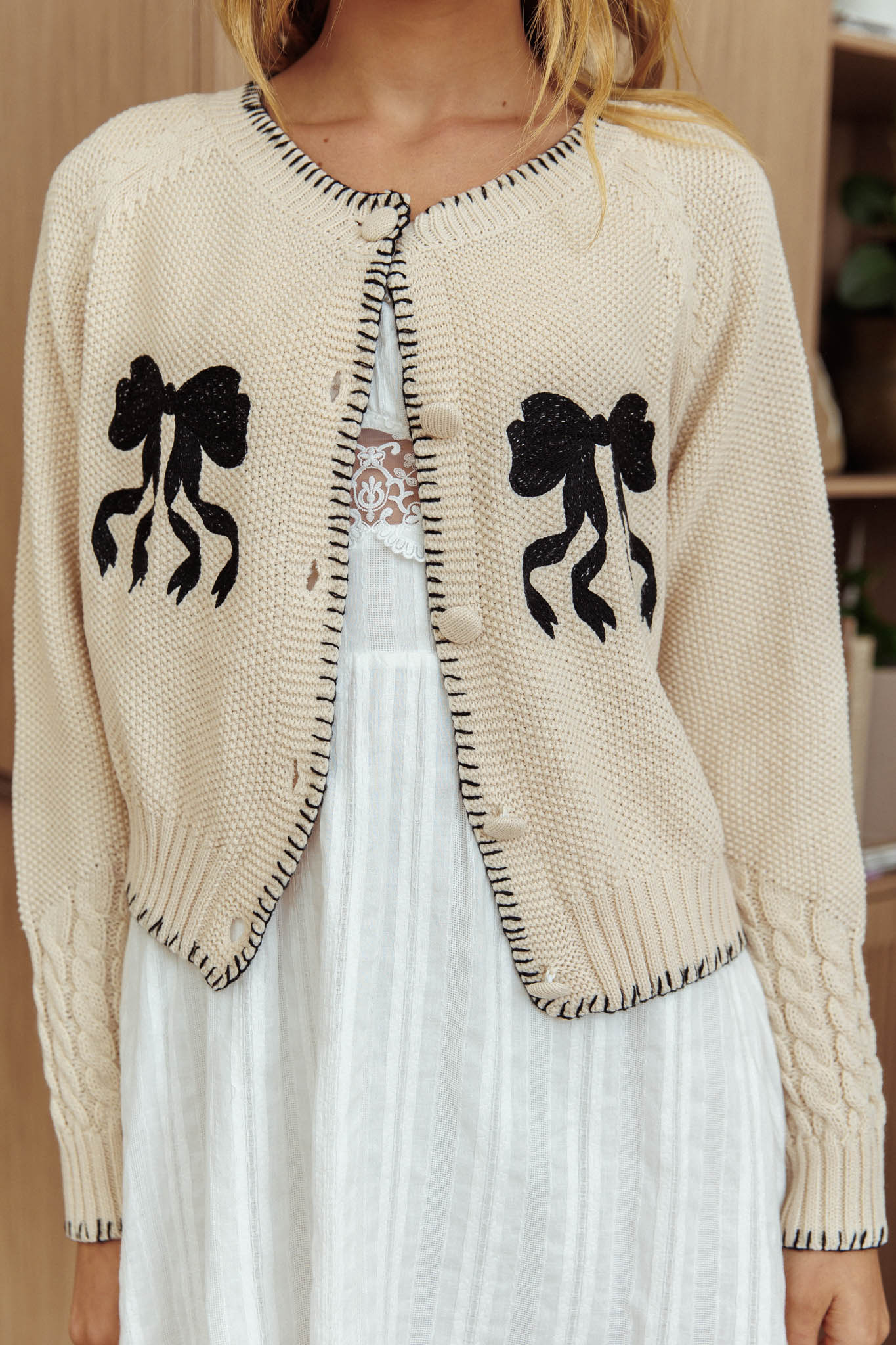 Early Snow Blanket Stitch Bow Cardigan Ecru by Selfie Leslie