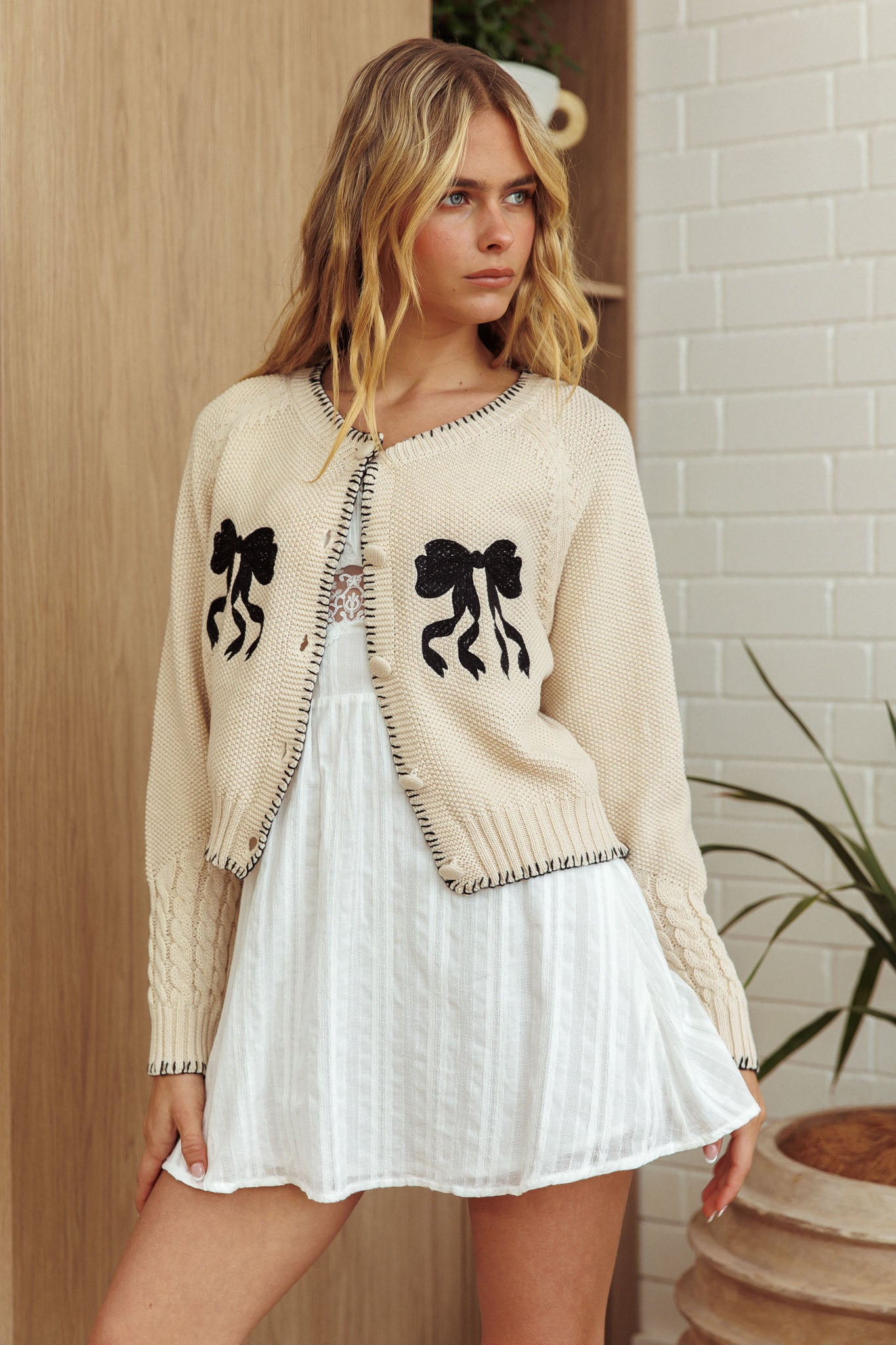 Early Snow Blanket Stitch Bow Cardigan Ecru by Selfie Leslie