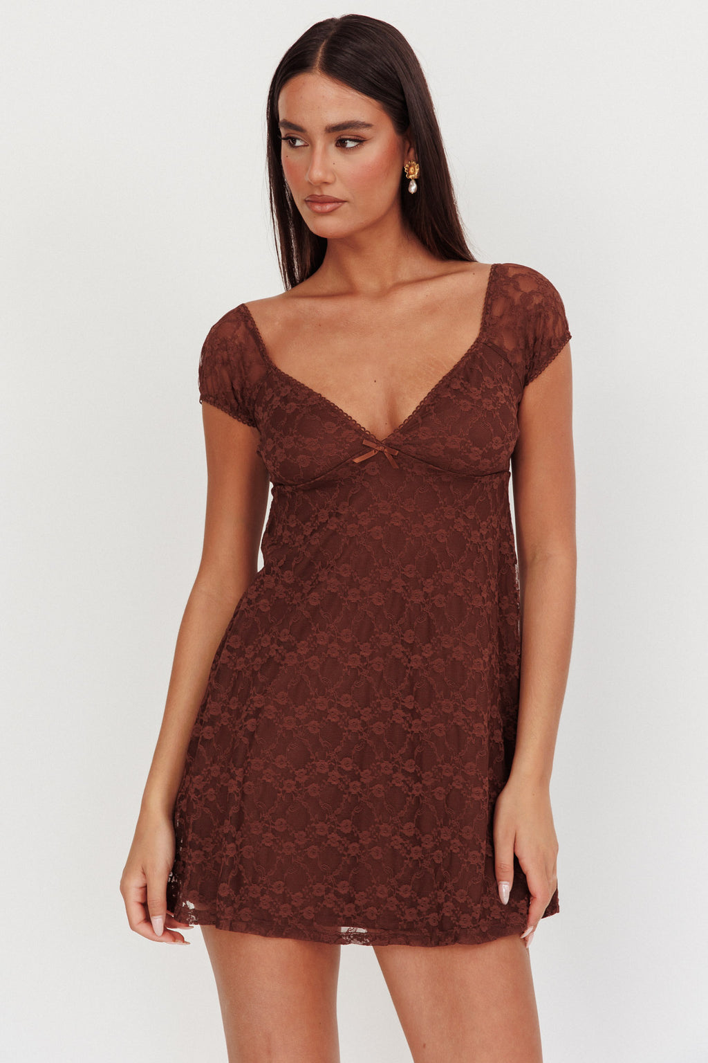 Shadows Lace Overlay Mini Dress Brown by Selfie Leslie