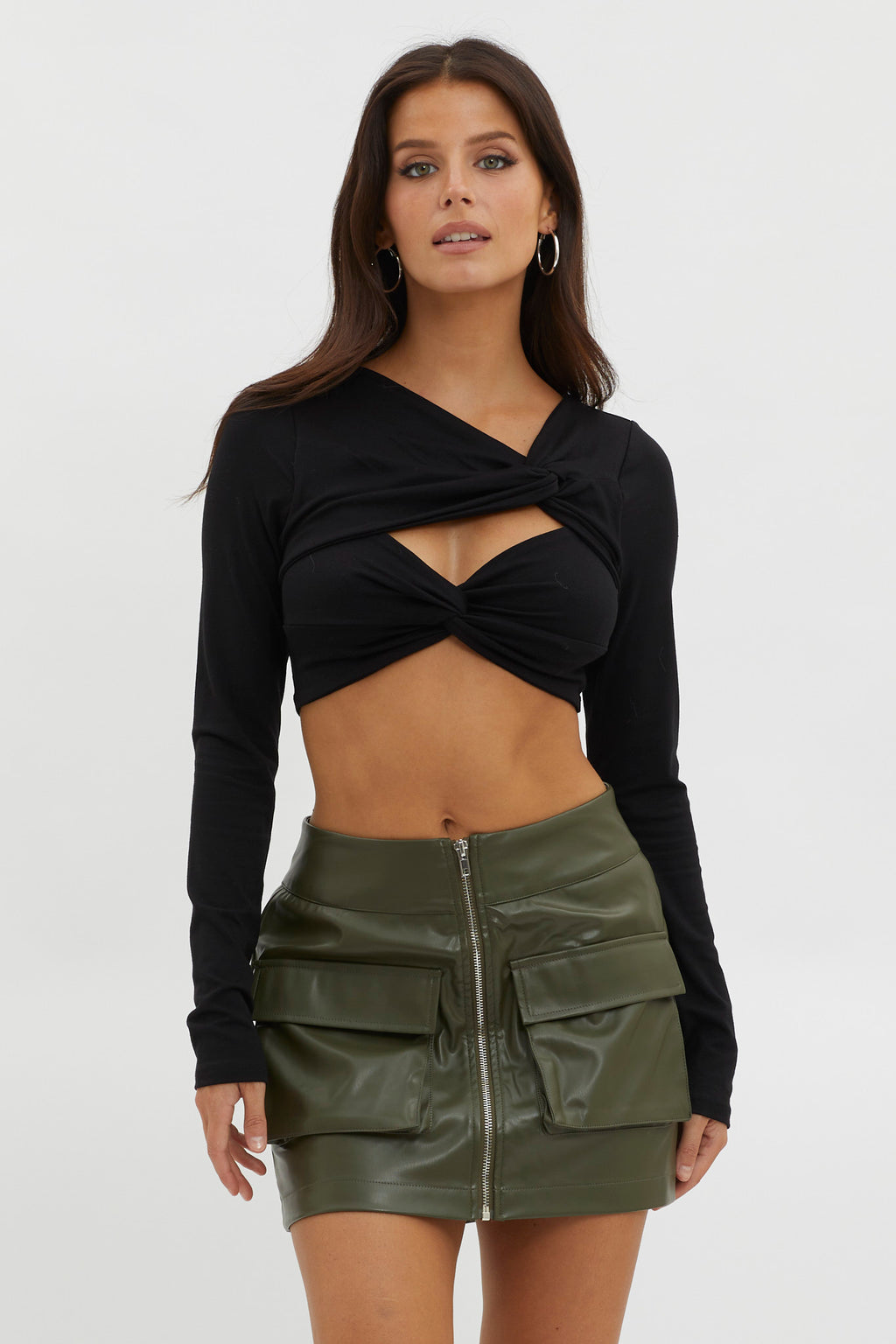 Foxy Twist Long Sleeve Crop Top Black by Selfie Leslie
