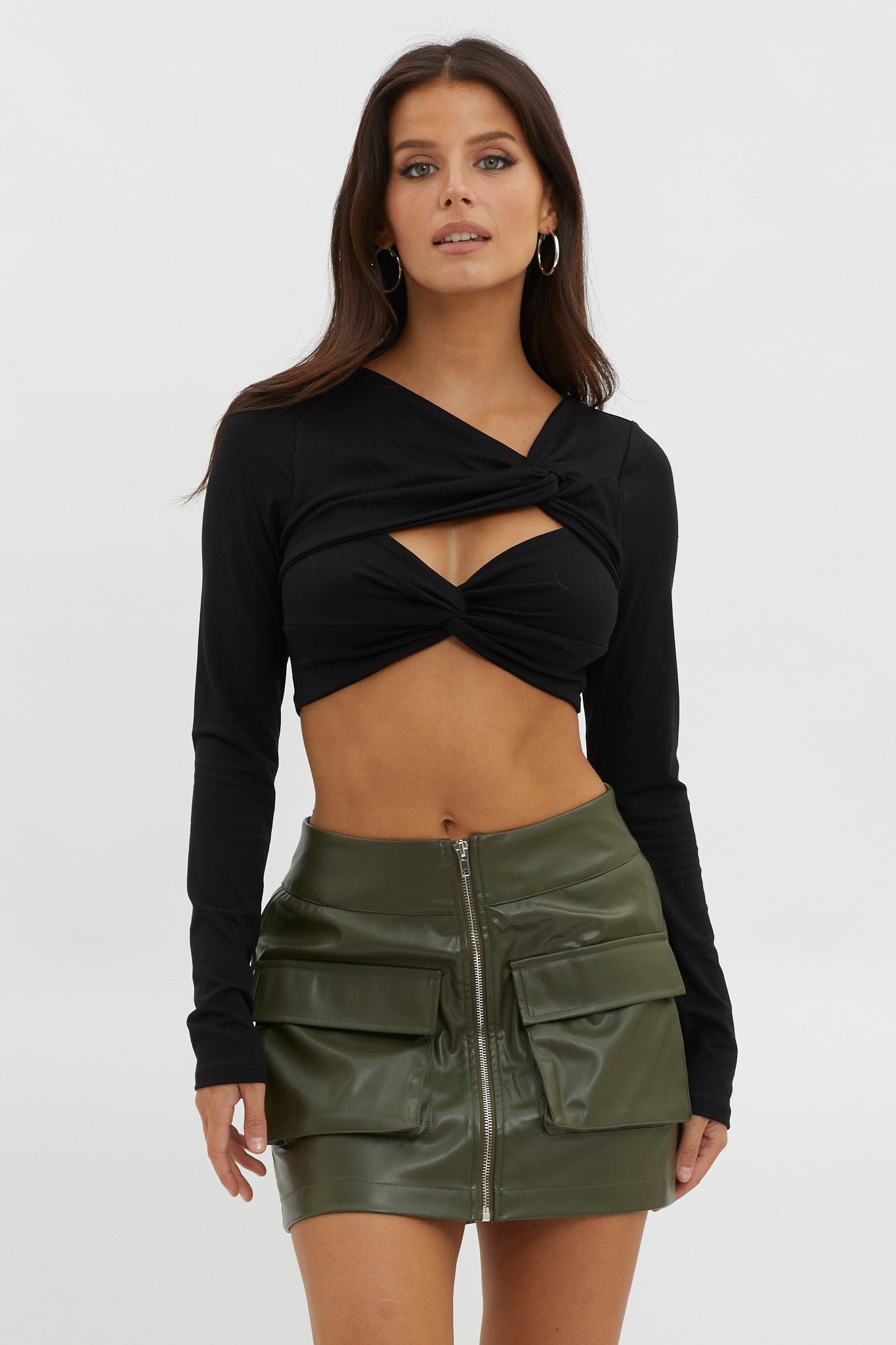 Foxy Twist Long Sleeve Crop Top Black by Selfie Leslie