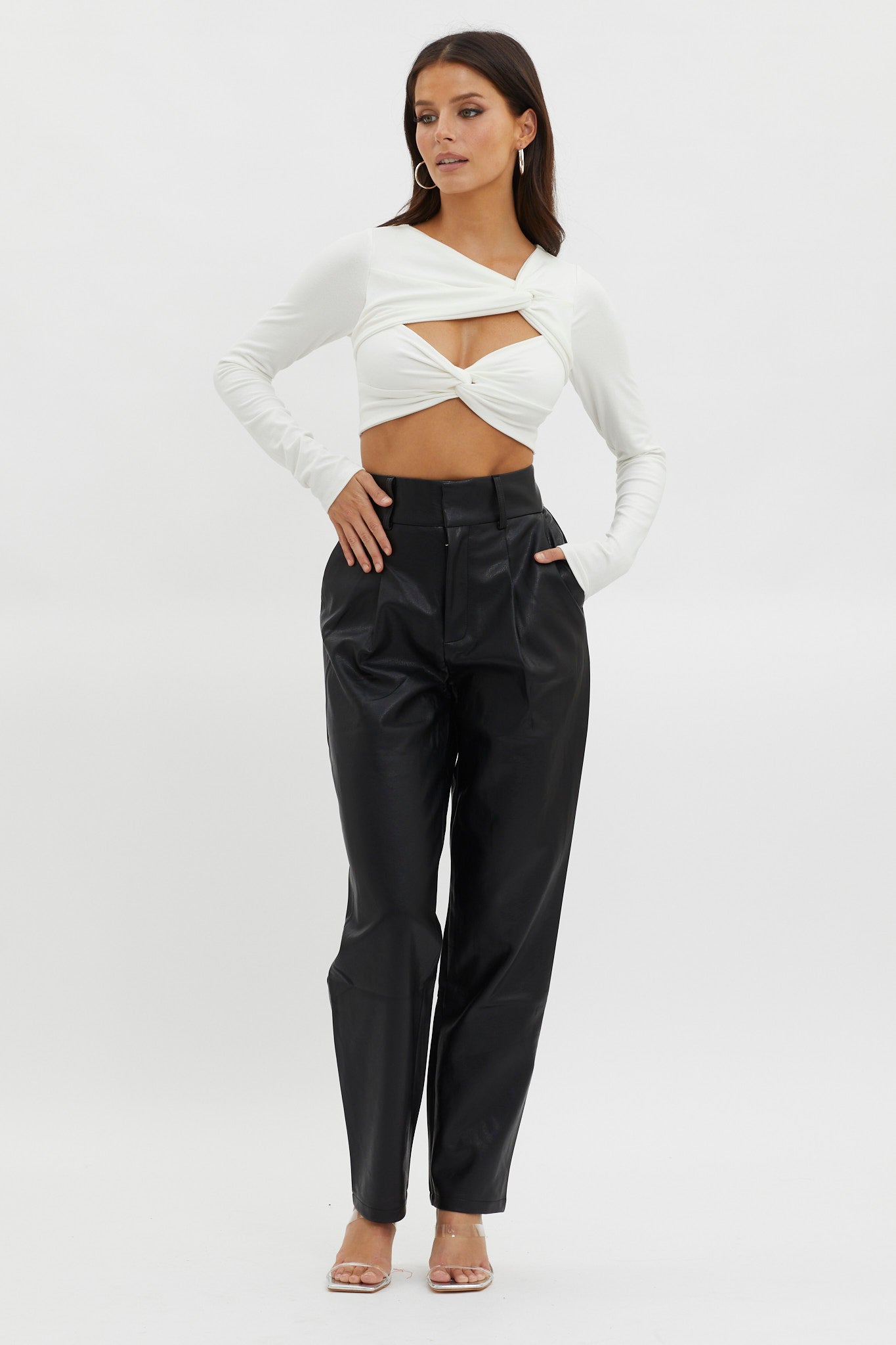 Foxy Twist Long Sleeve Crop Top White by Selfie Leslie